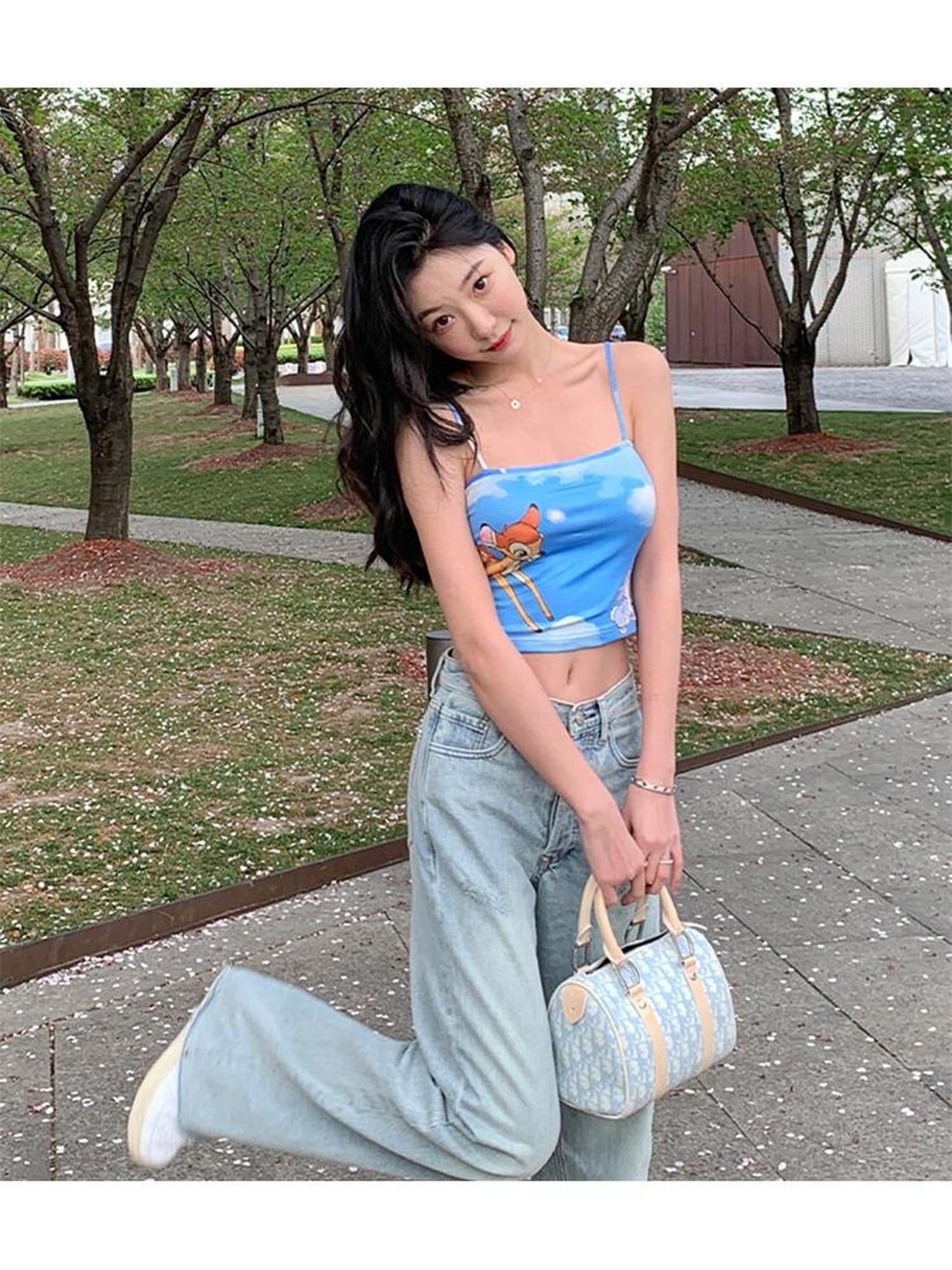 JYOSEI Vintage Light Blue High Waisted Wide Leg Denim Pants