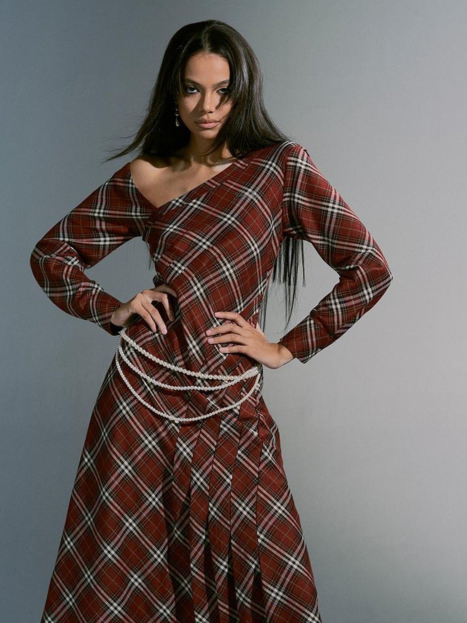 JYOSEI Vintage Plunge Shoulder Red Plaid Dress With Pearl Waist Chain