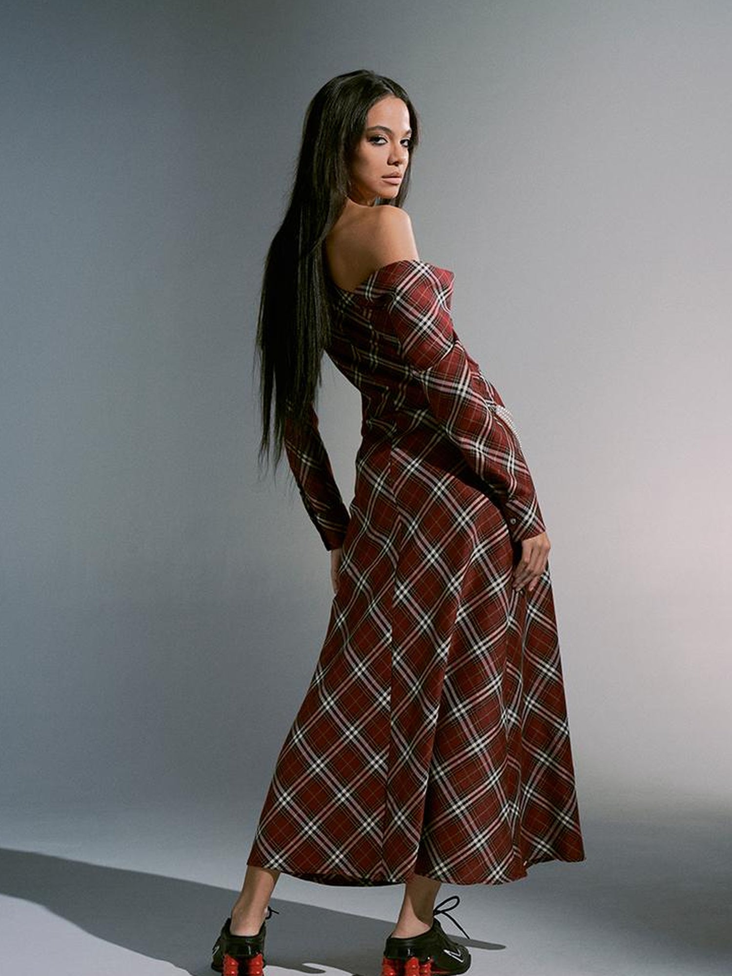 JYOSEI Vintage Plunge Shoulder Red Plaid Dress With Pearl Waist Chain