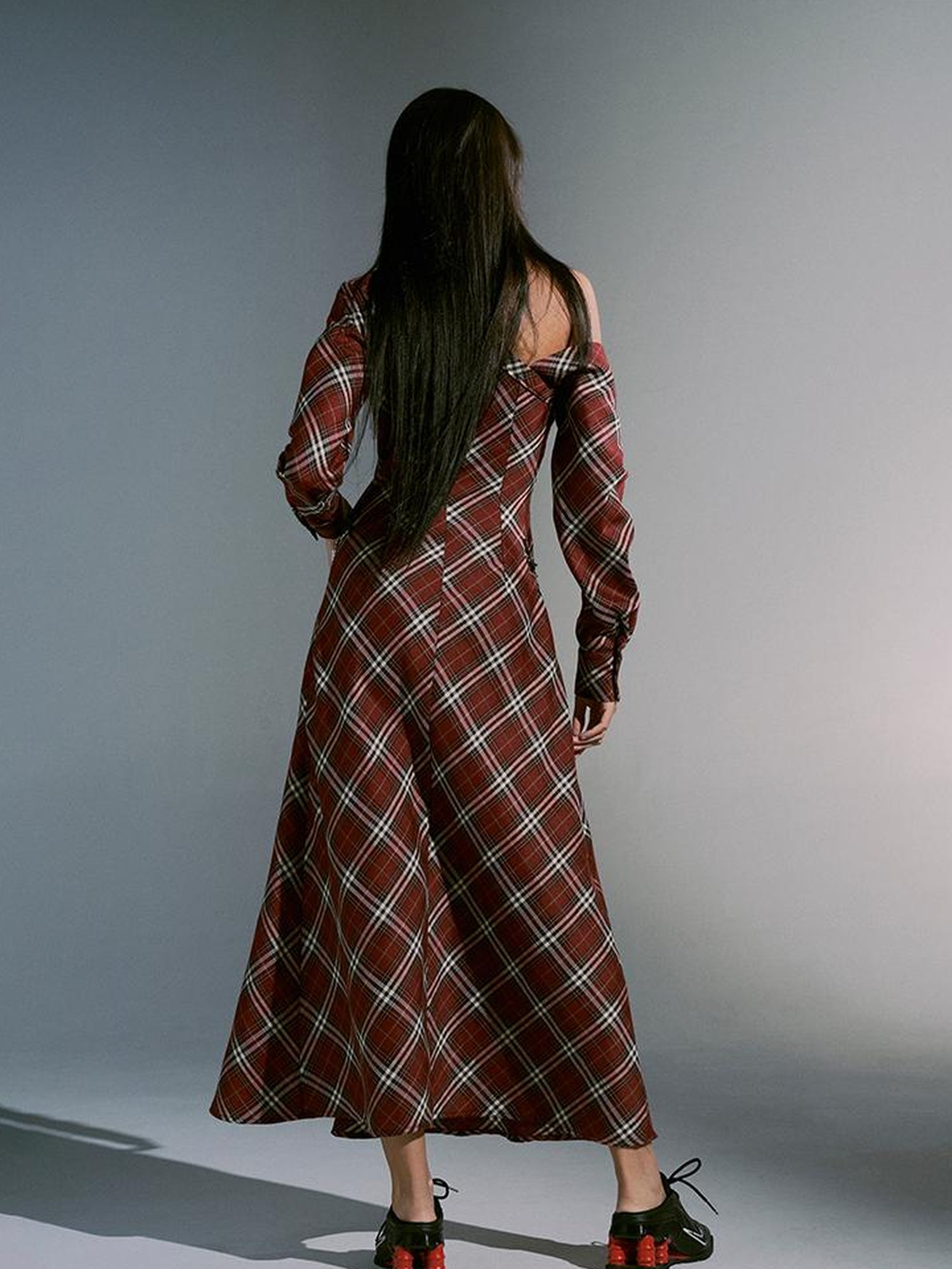 JYOSEI Vintage Plunge Shoulder Red Plaid Dress With Pearl Waist Chain