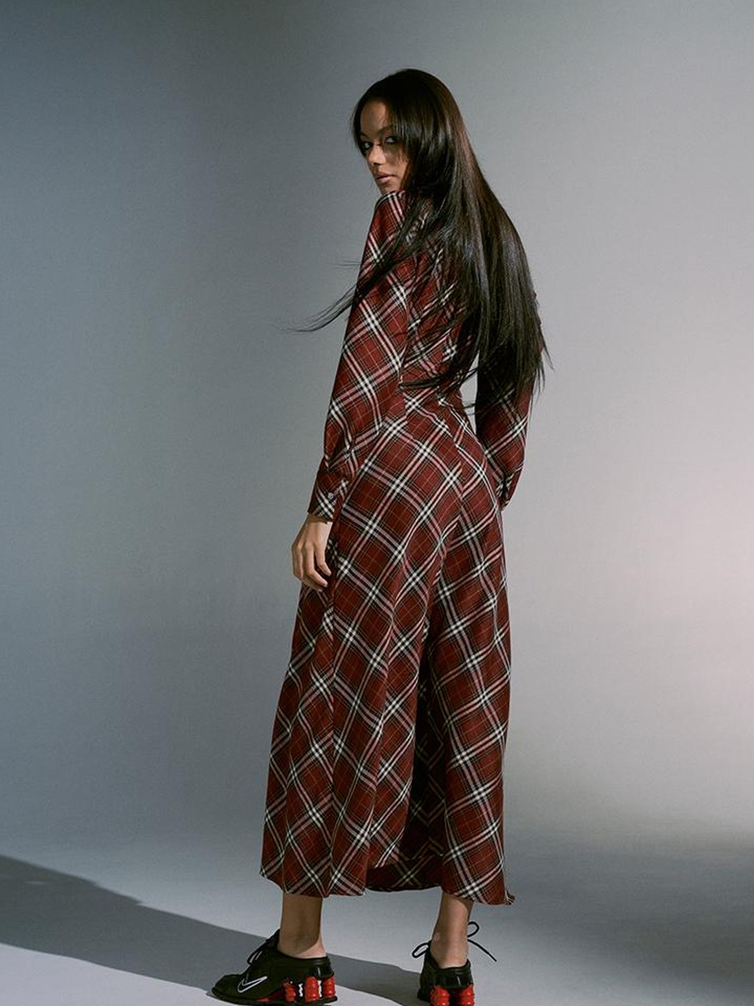 JYOSEI Vintage Plunge Shoulder Red Plaid Dress With Pearl Waist Chain