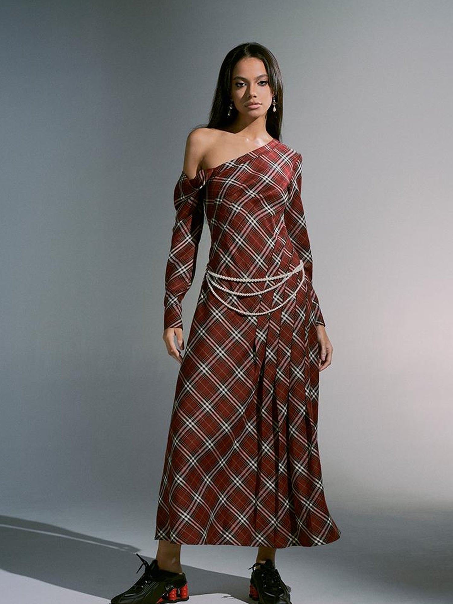 JYOSEI Vintage Plunge Shoulder Red Plaid Dress With Pearl Waist Chain