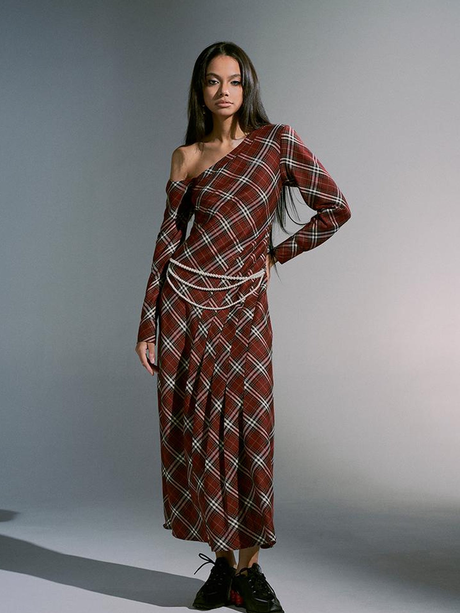 JYOSEI Vintage Plunge Shoulder Red Plaid Dress With Pearl Waist Chain