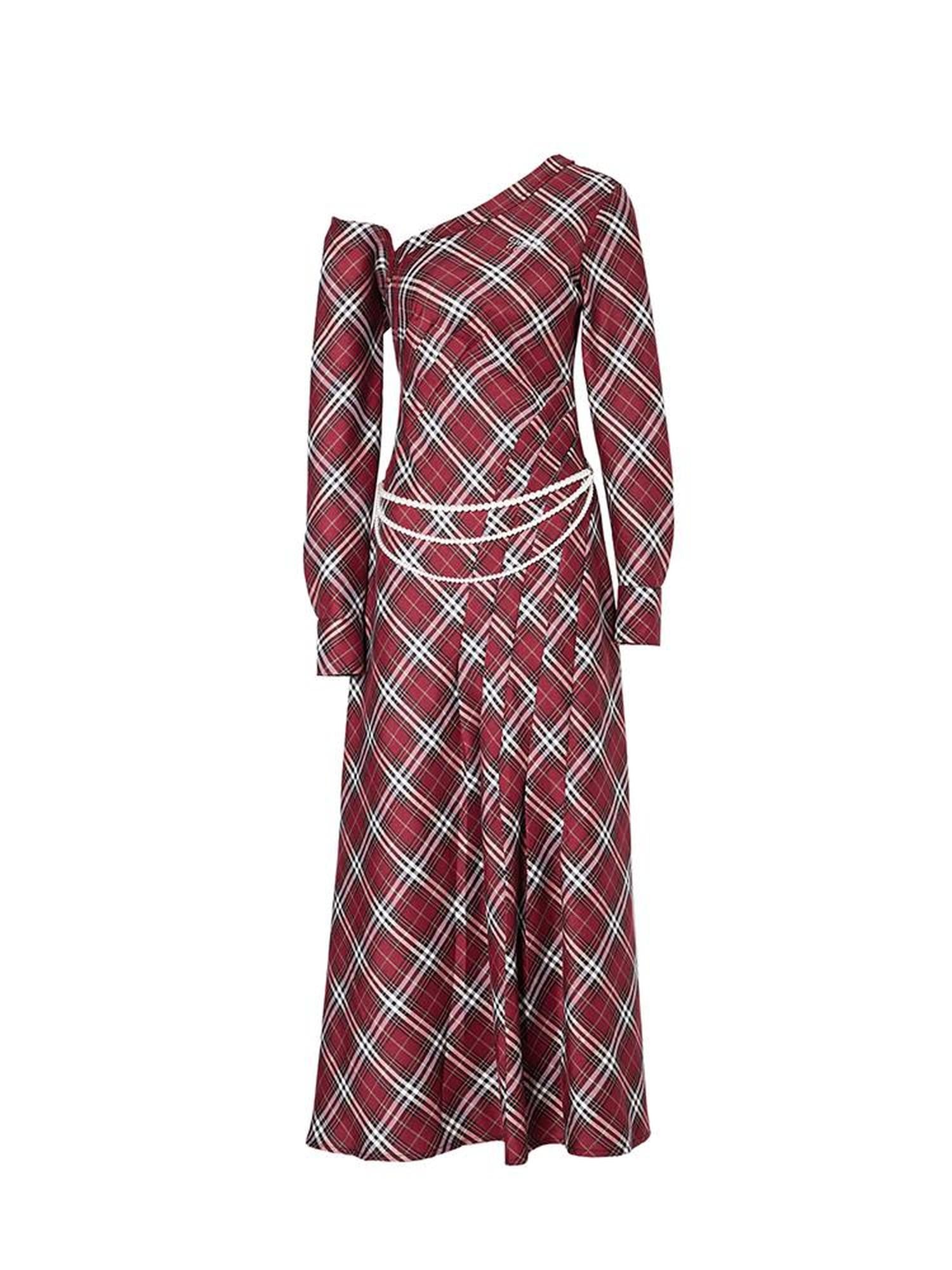 JYOSEI Vintage Plunge Shoulder Red Plaid Dress With Pearl Waist Chain
