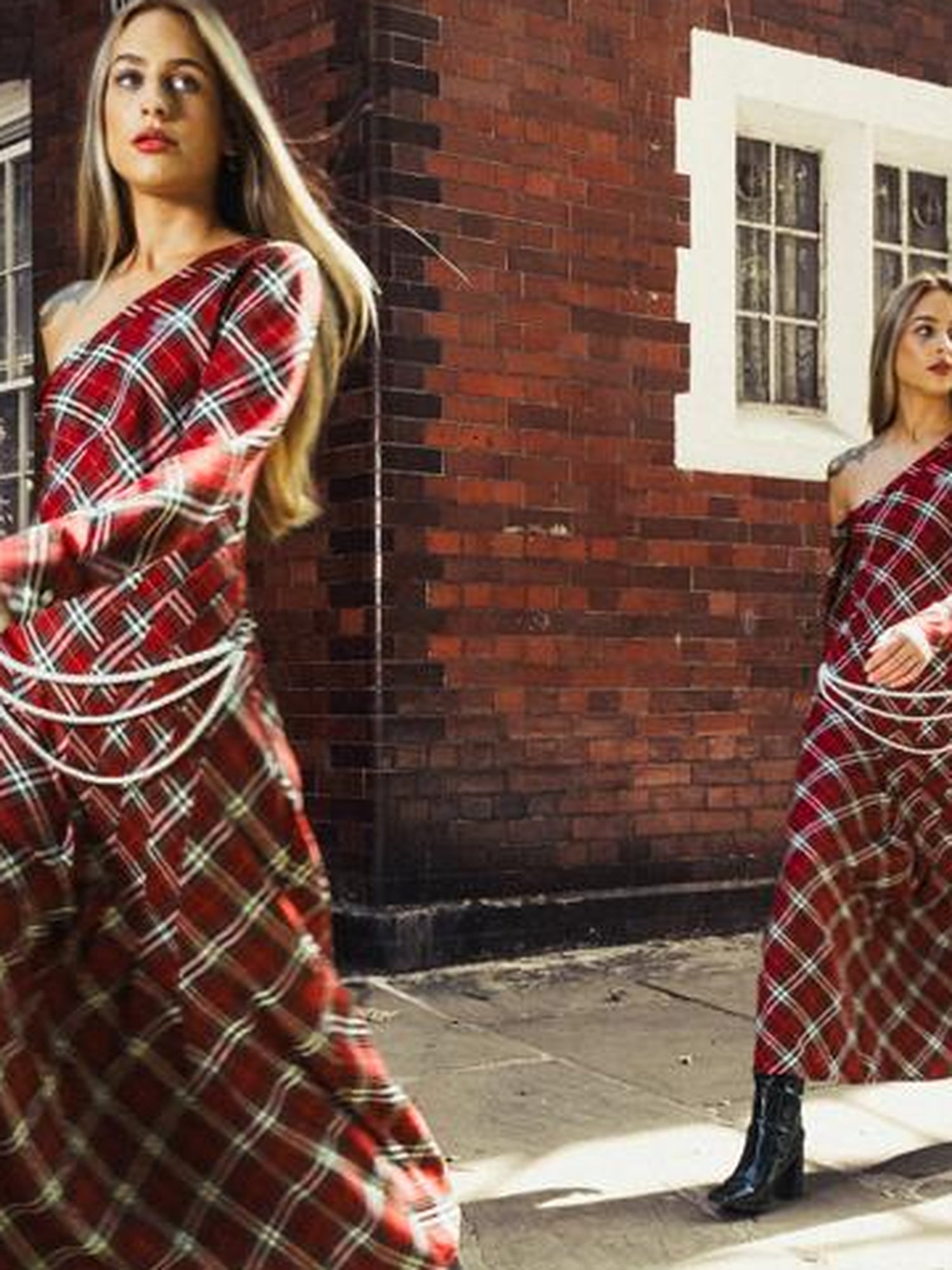 JYOSEI Vintage Plunge Shoulder Red Plaid Dress With Pearl Waist Chain