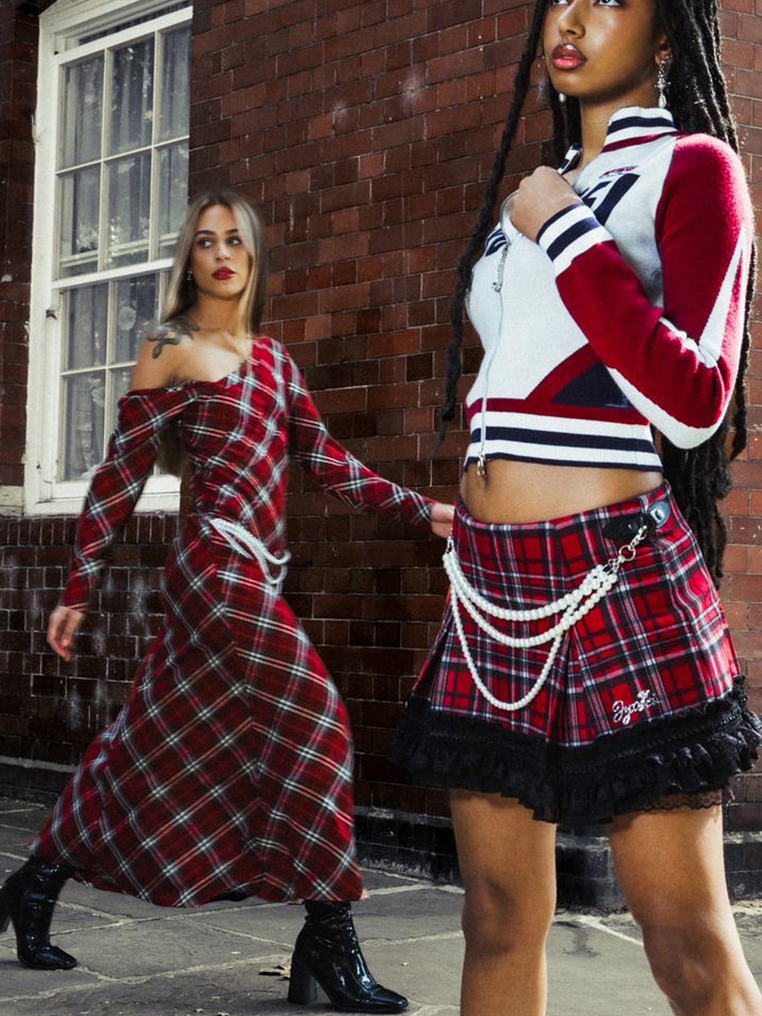JYOSEI Vintage Plunge Shoulder Red Plaid Dress With Pearl Waist Chain