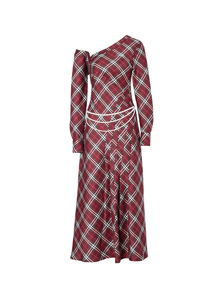 JYOSEI_Vintage_Plunge_Shoulder_Red_Plaid_Dress_With_Pearl_Waist_Chain_MISSTT