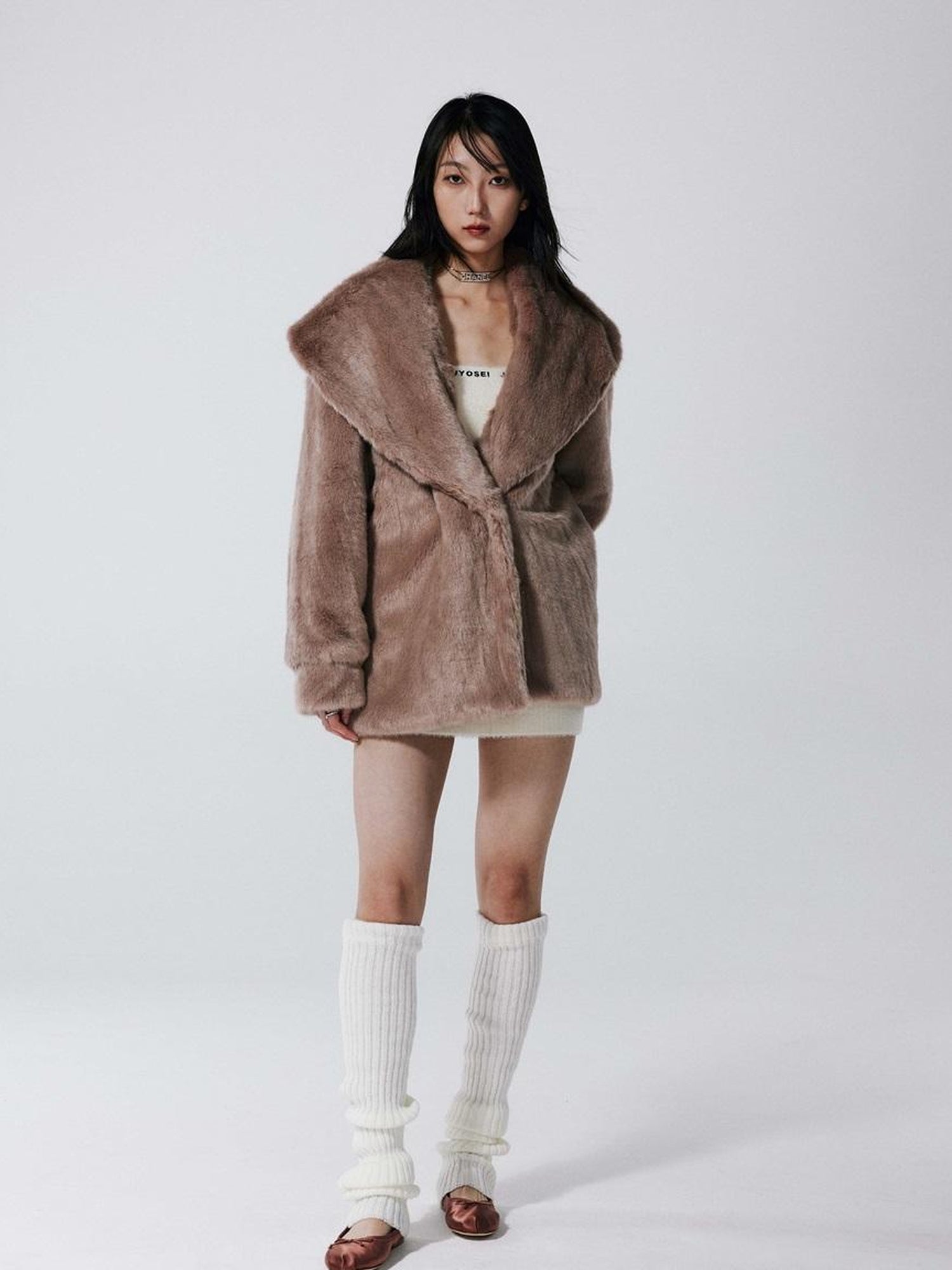 JYOSEI Vintage Rabbit Fur Collar Short Coat Women Winter