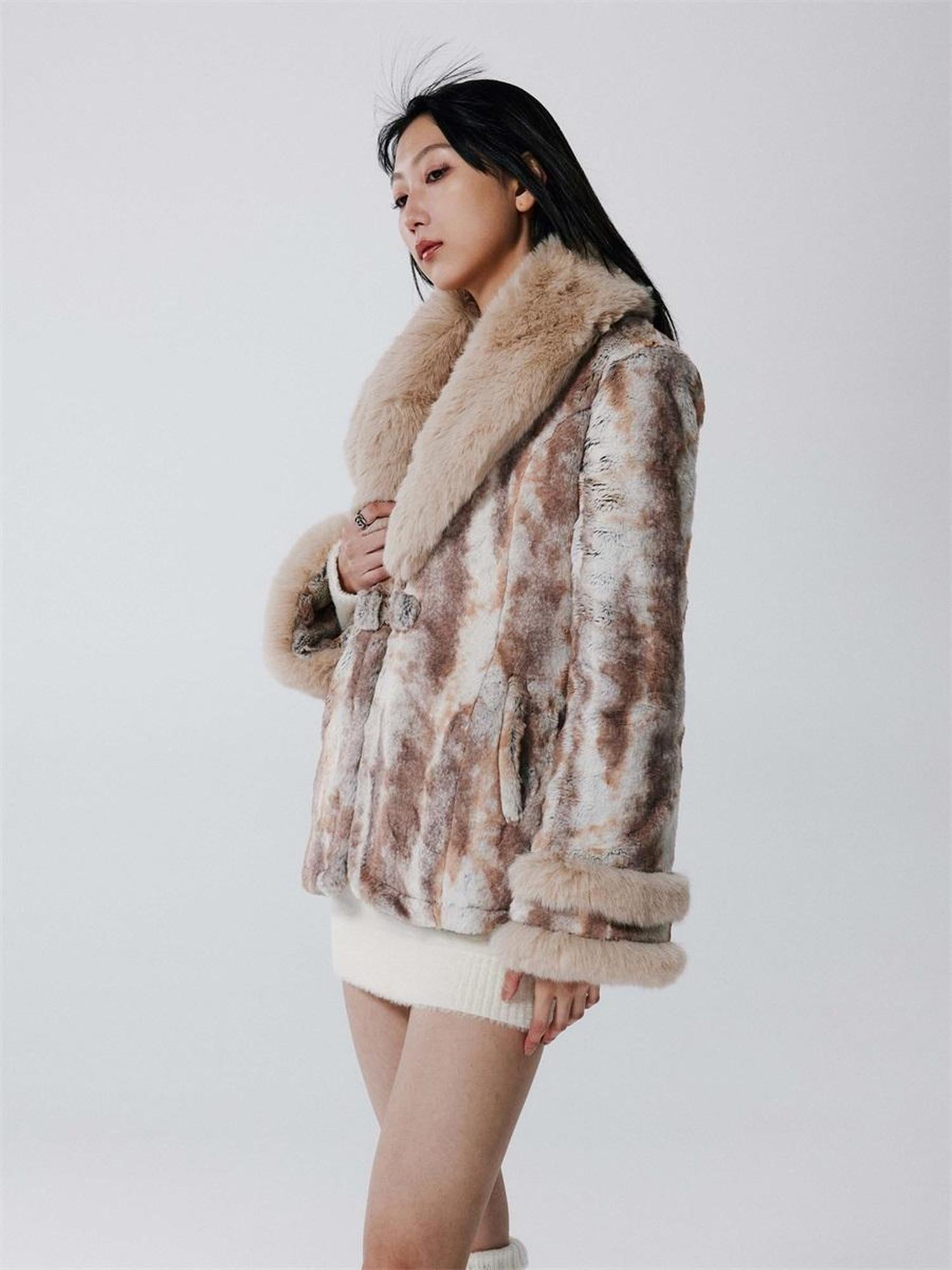JYOSEI Vintage Rabbit Fur Collar Short Coat Women Winter