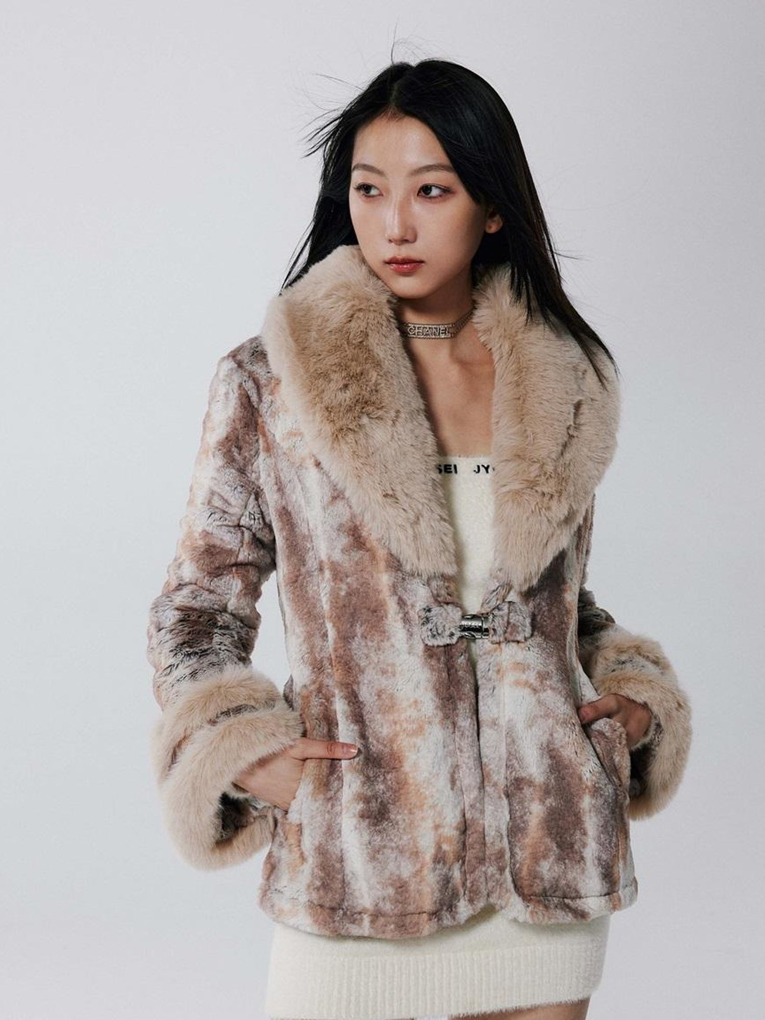 JYOSEI Vintage Rabbit Fur Collar Short Coat Women Winter
