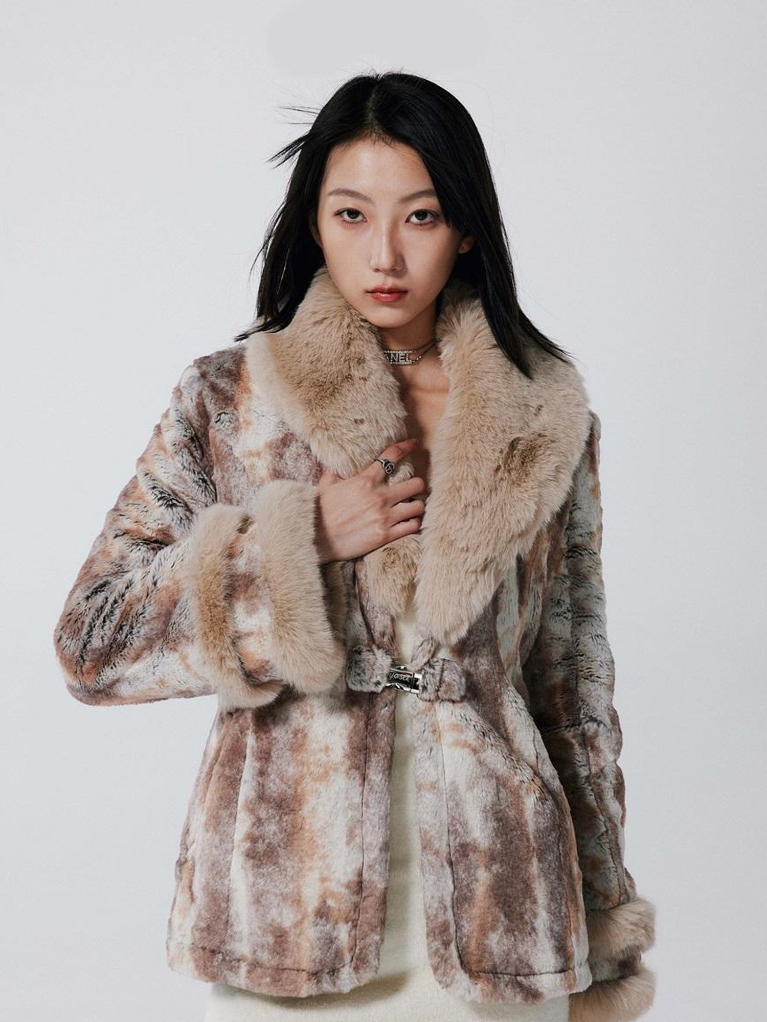 JYOSEI Vintage Rabbit Fur Collar Short Coat Women Winter