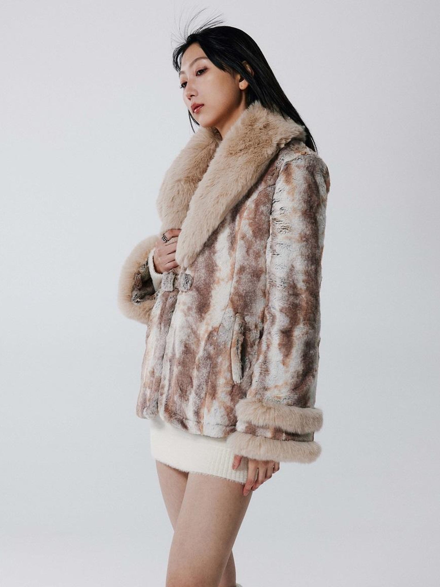 JYOSEI Vintage Rabbit Fur Collar Short Coat Women Winter