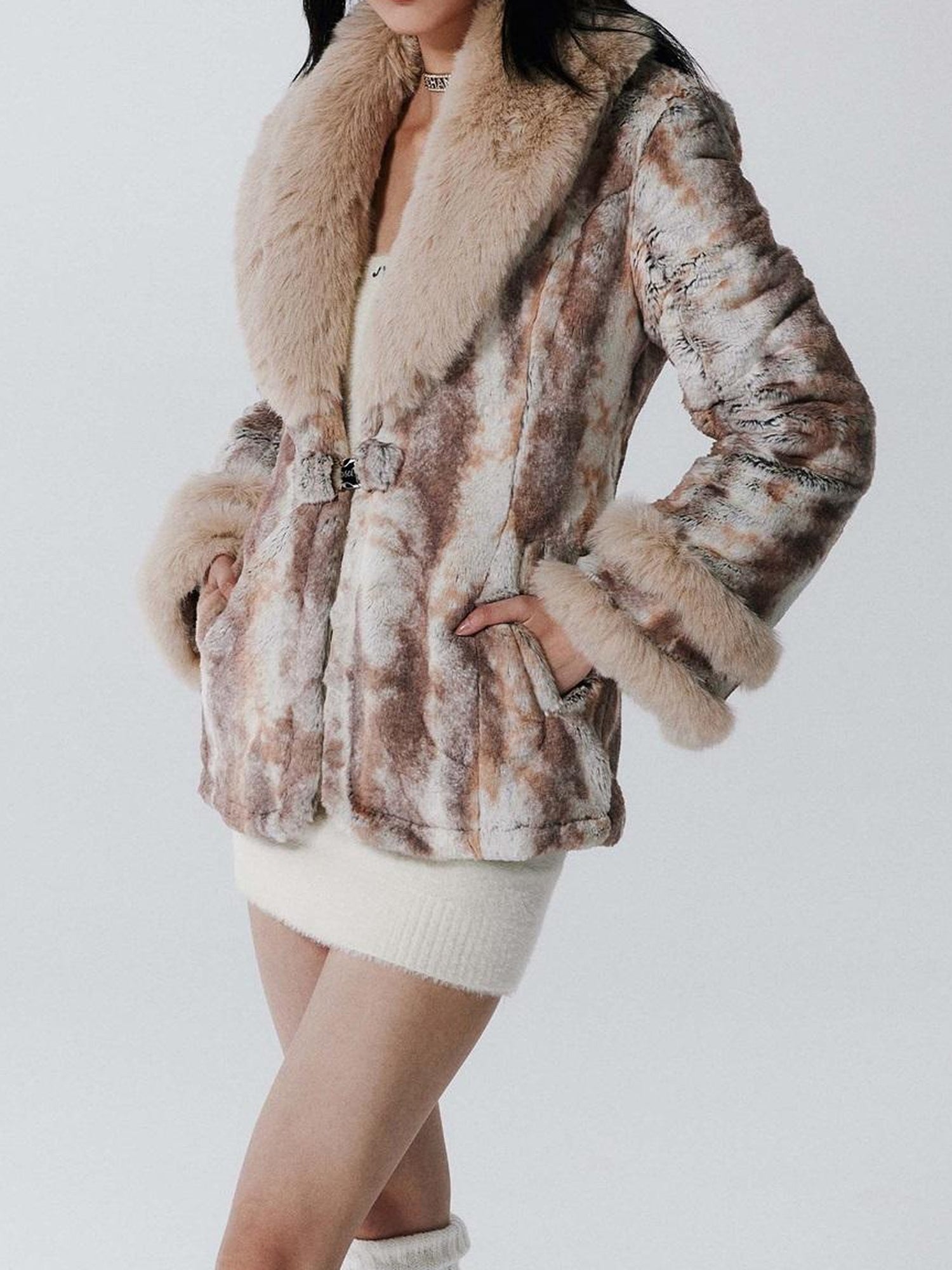 JYOSEI Vintage Rabbit Fur Collar Short Coat Women Winter