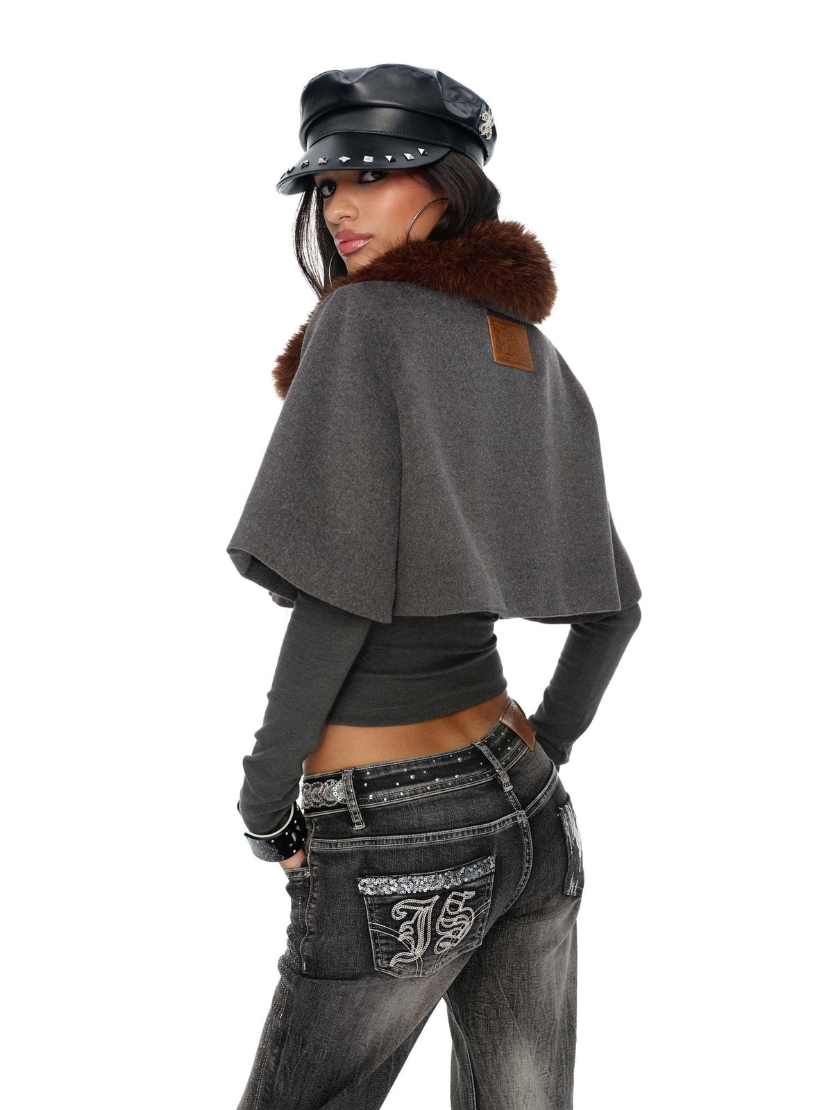 JYOSEI Vintage Studded Punk Flat Top Short Brim Women&