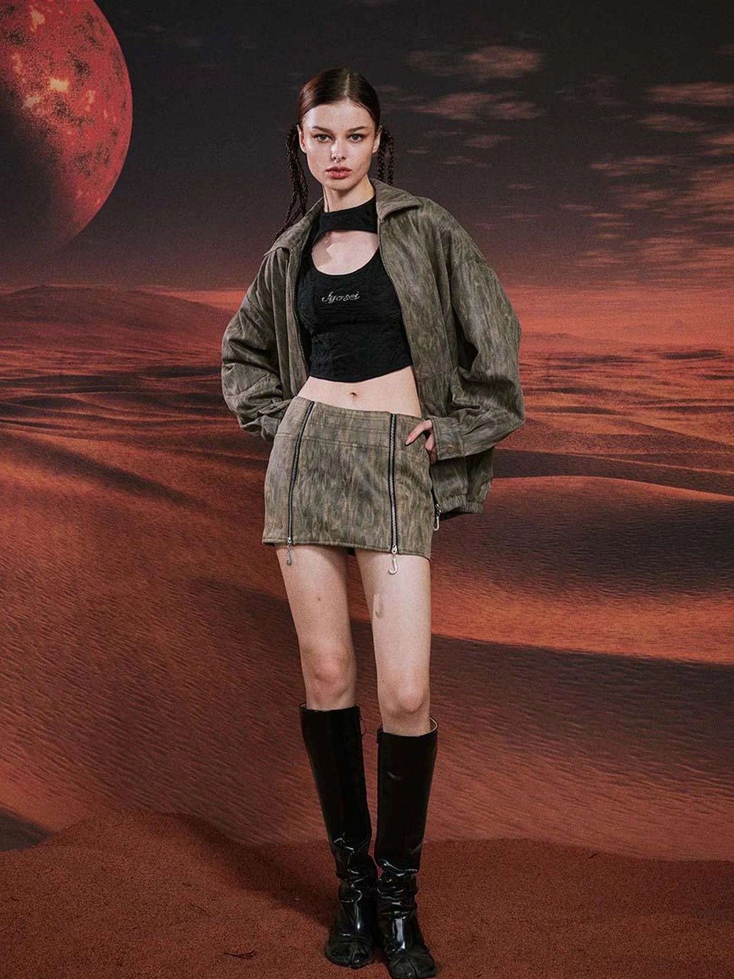 Vintage Suede Look Oversized Jacket And Bodycon Skirt Set