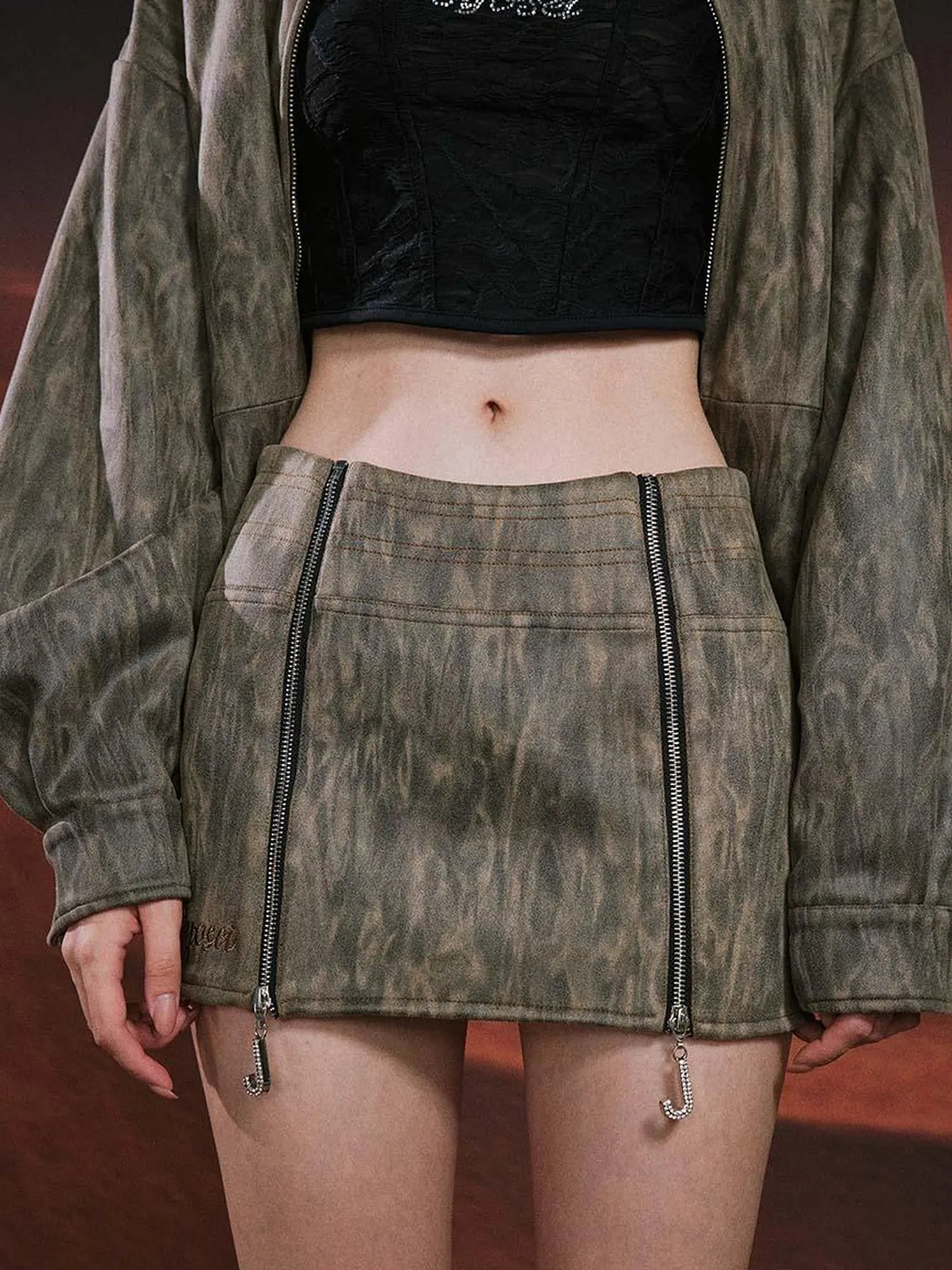 Vintage Suede Look Oversized Jacket And Bodycon Skirt Set