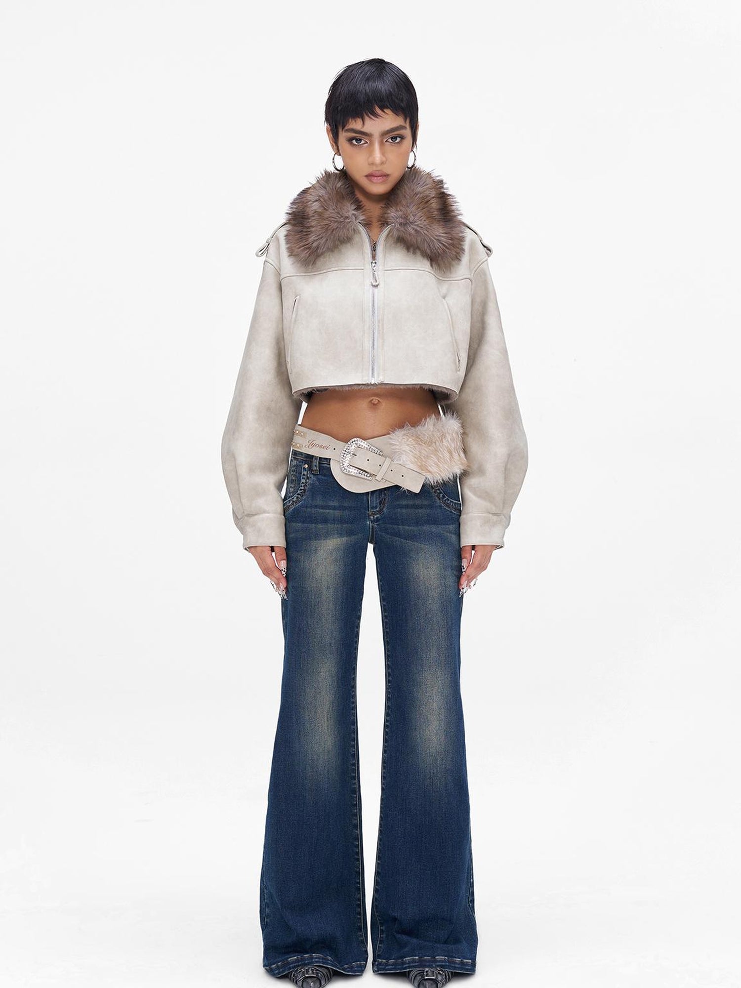 JYOSEI Vintage Washed Blue Low Rise Flared Jeans Loose Fit Wide Leg Trousers