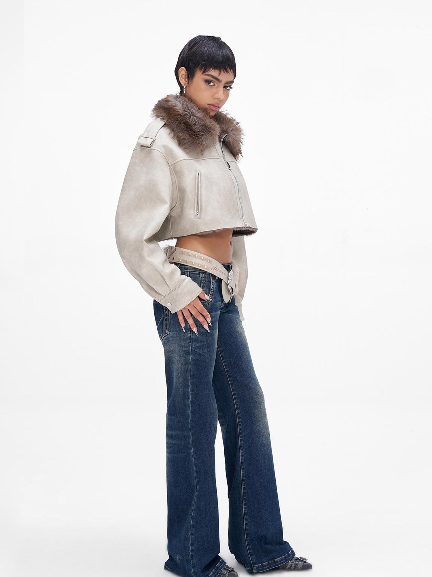 JYOSEI Vintage Washed Blue Low Rise Flared Jeans Loose Fit Wide Leg Trousers