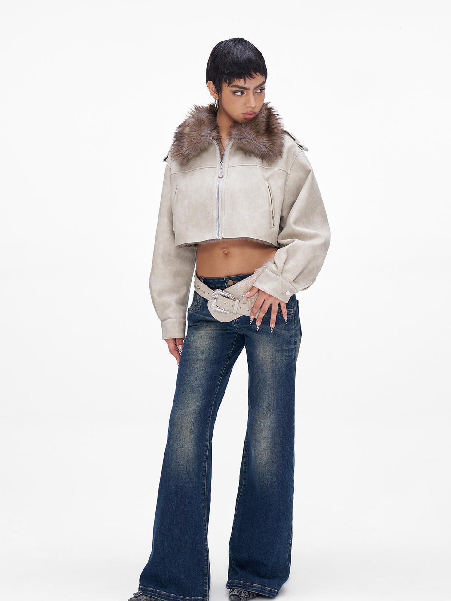JYOSEI Vintage Washed Blue Low Rise Flared Jeans Loose Fit Wide Leg Trousers