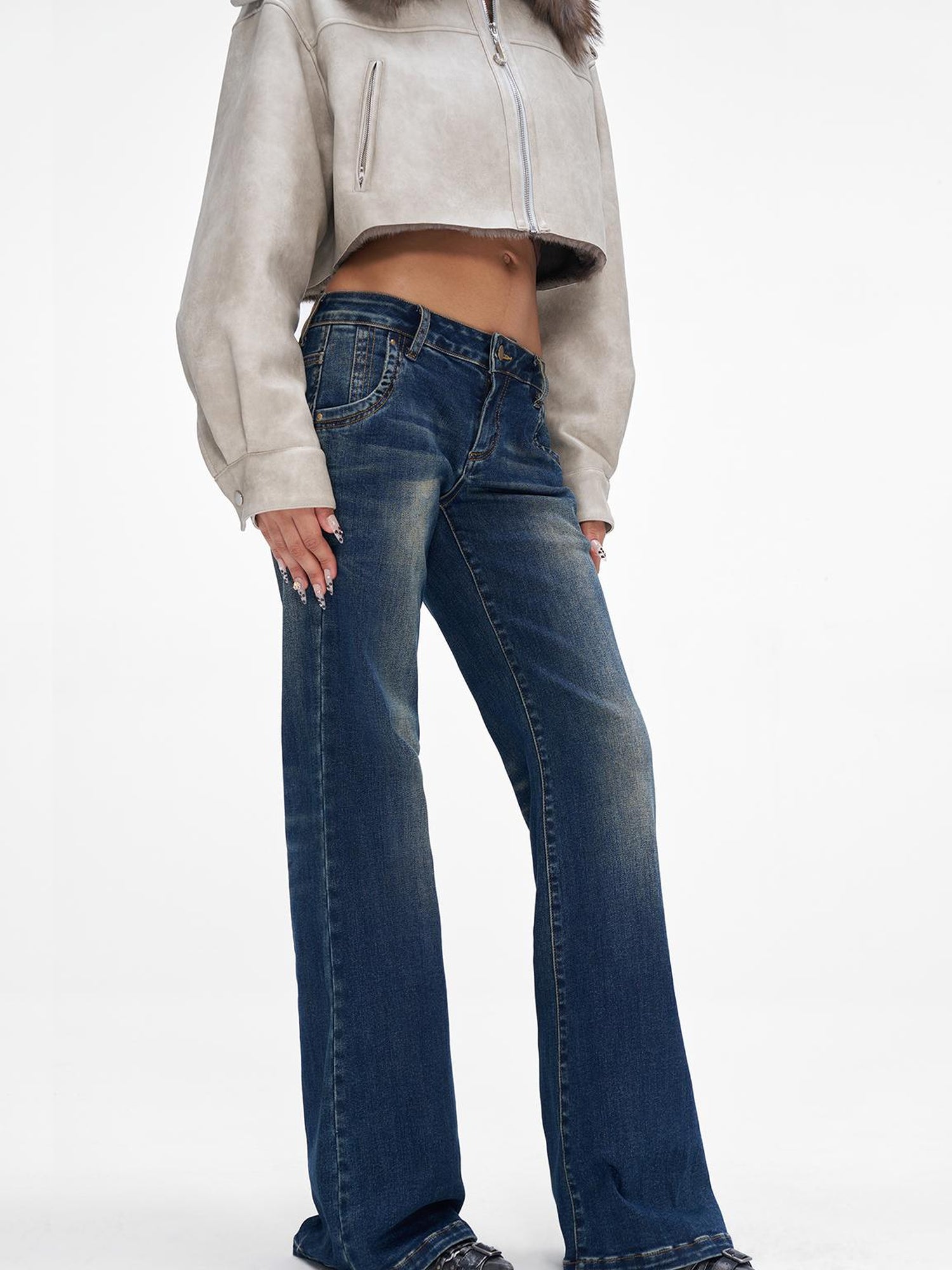 JYOSEI Vintage Washed Blue Low Rise Flared Jeans Loose Fit Wide Leg Trousers