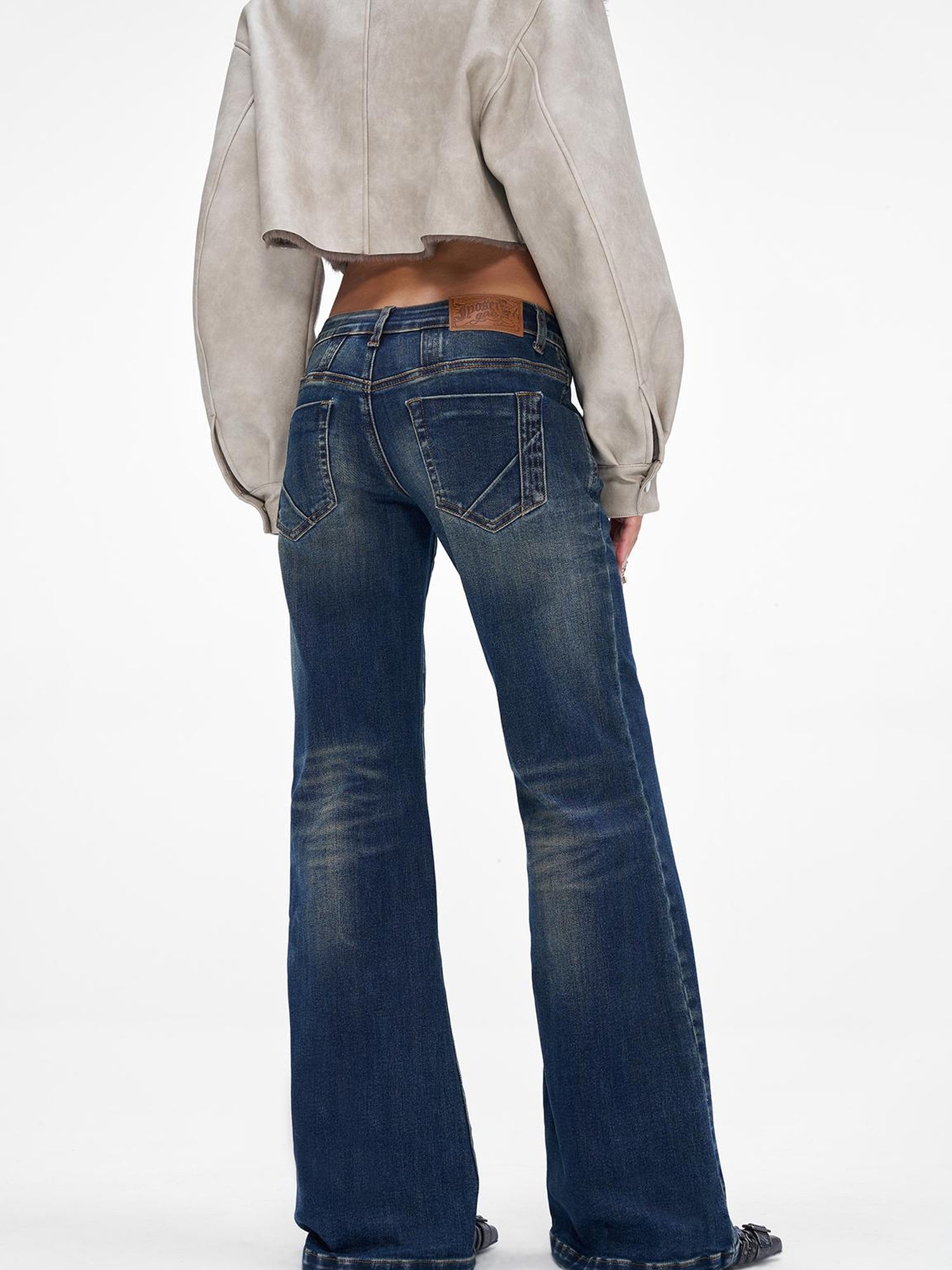 JYOSEI Vintage Washed Blue Low Rise Flared Jeans Loose Fit Wide Leg Trousers