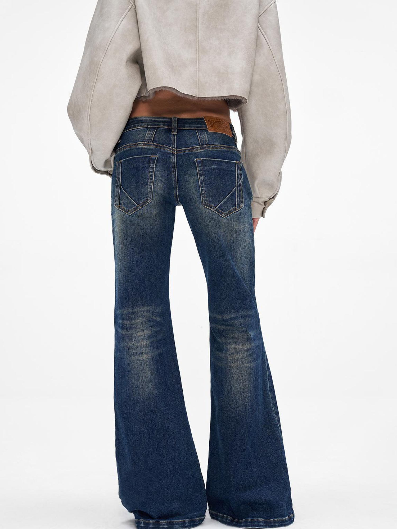 JYOSEI Vintage Washed Blue Low Rise Flared Jeans Loose Fit Wide Leg Trousers