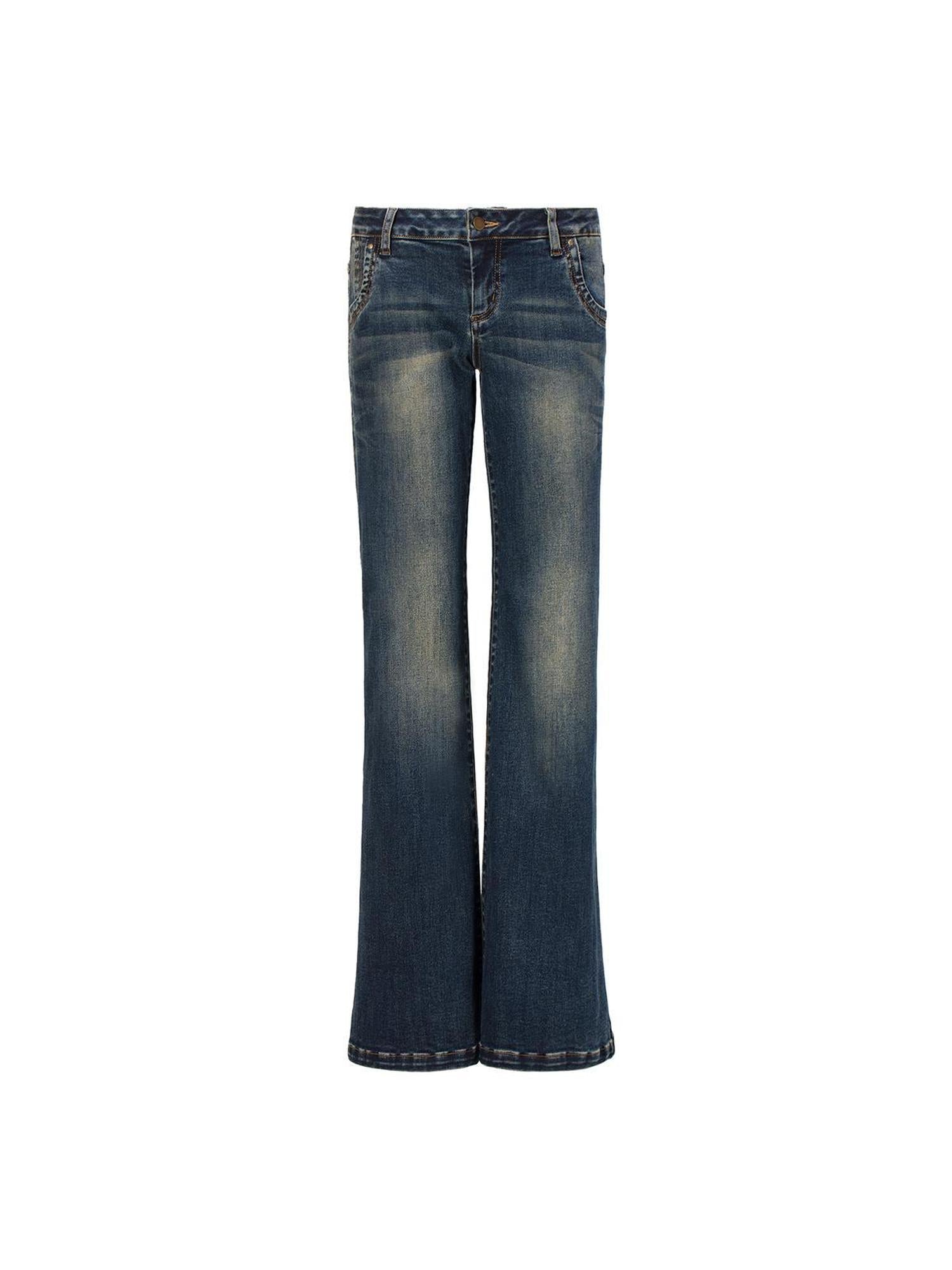 JYOSEI Vintage Washed Blue Low Rise Flared Jeans Loose Fit Wide Leg Trousers