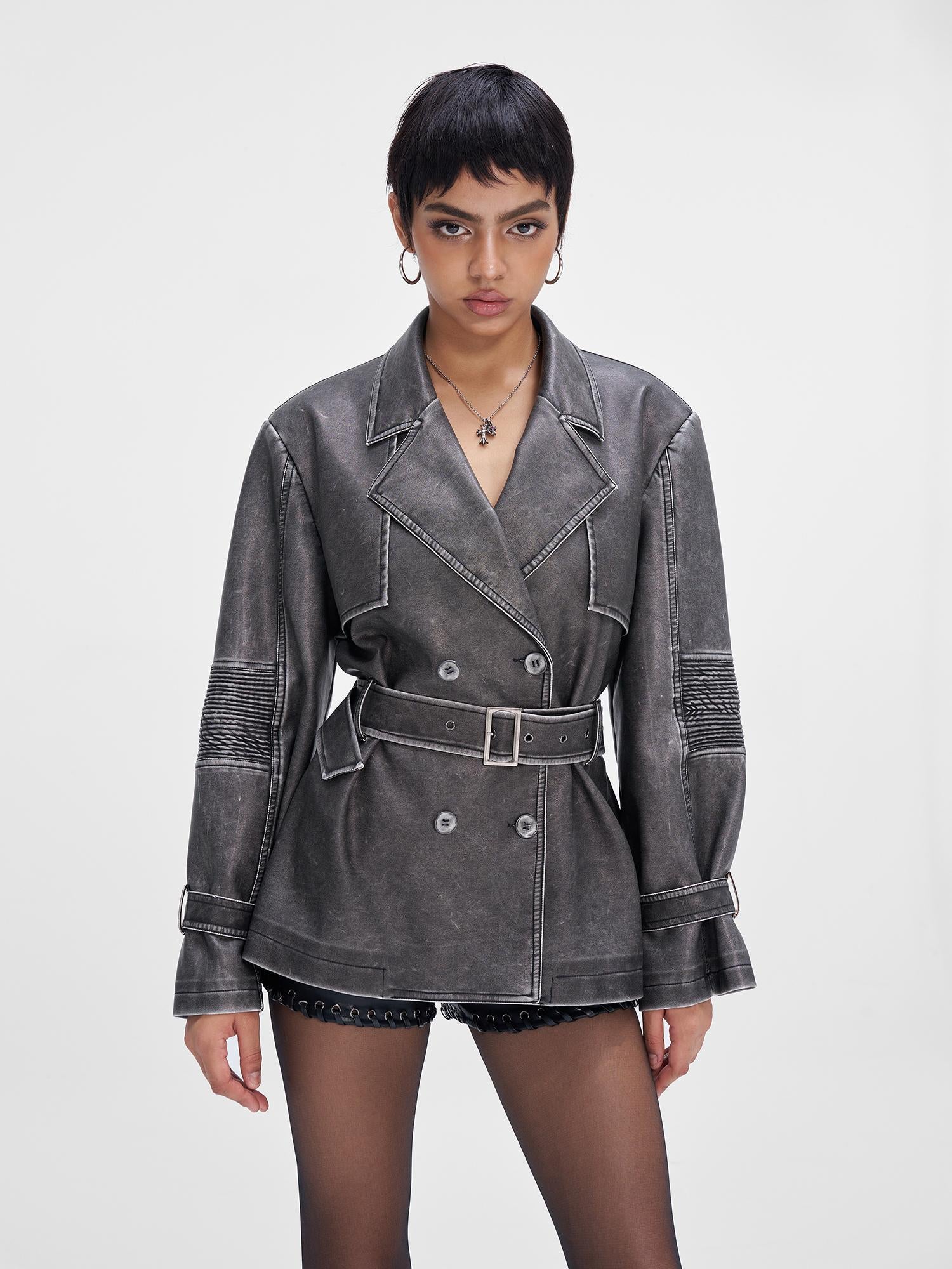 JYOSEI Vintage Washed Grey Oversized Belted Leather Trench Coat