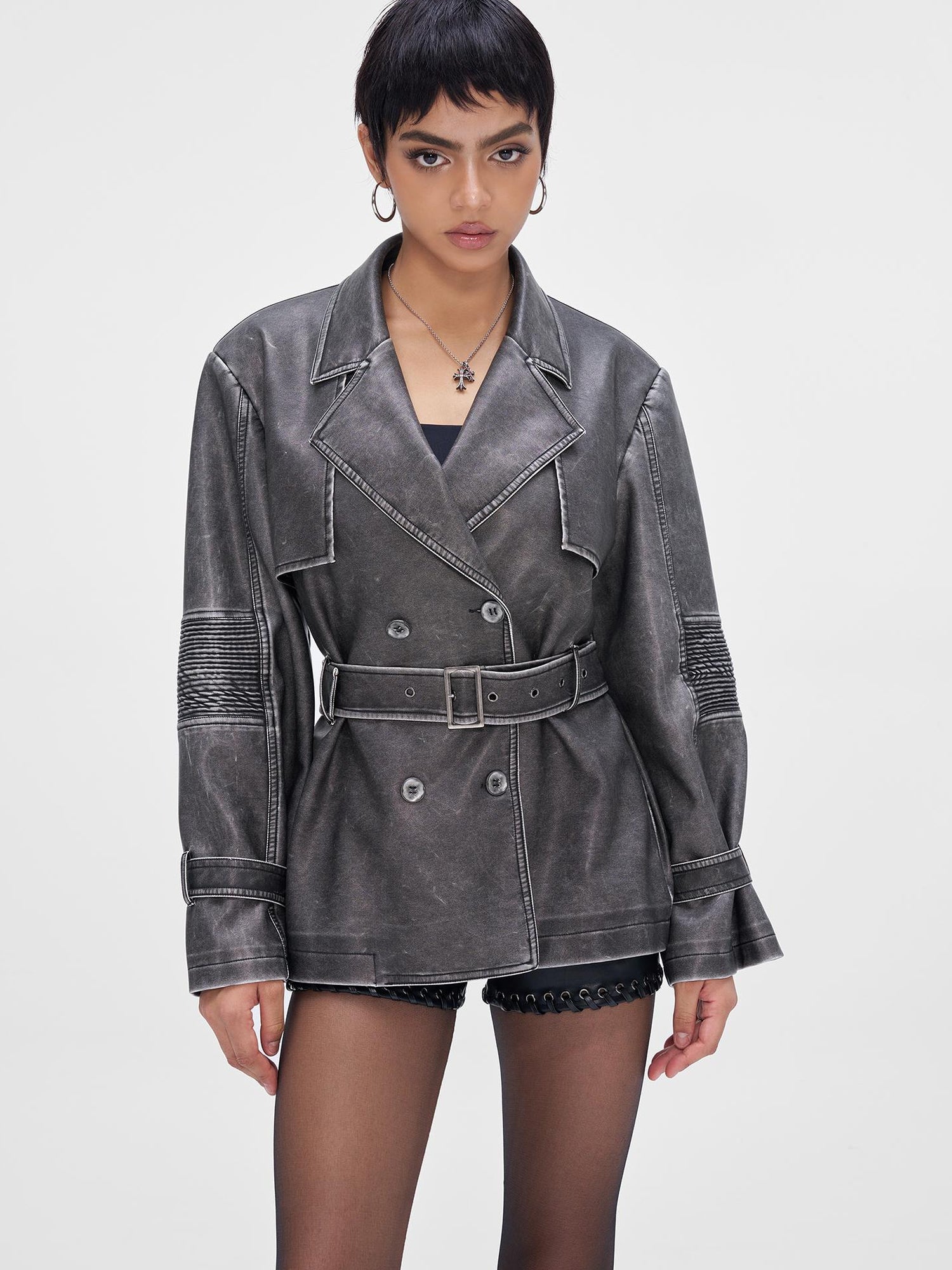 JYOSEI Vintage Washed Grey Oversized Belted Leather Trench Coat
