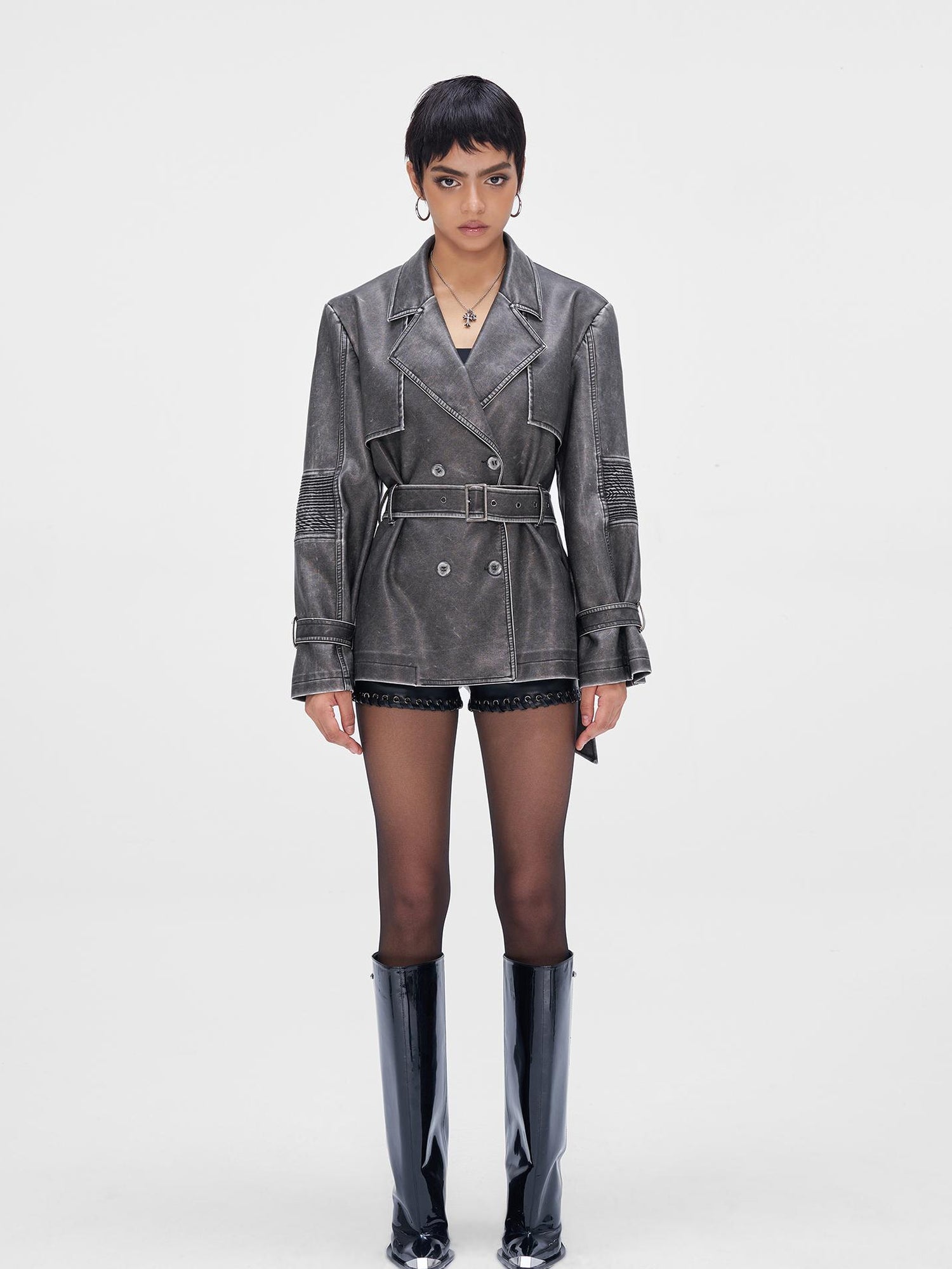 JYOSEI Vintage Washed Grey Oversized Belted Leather Trench Coat