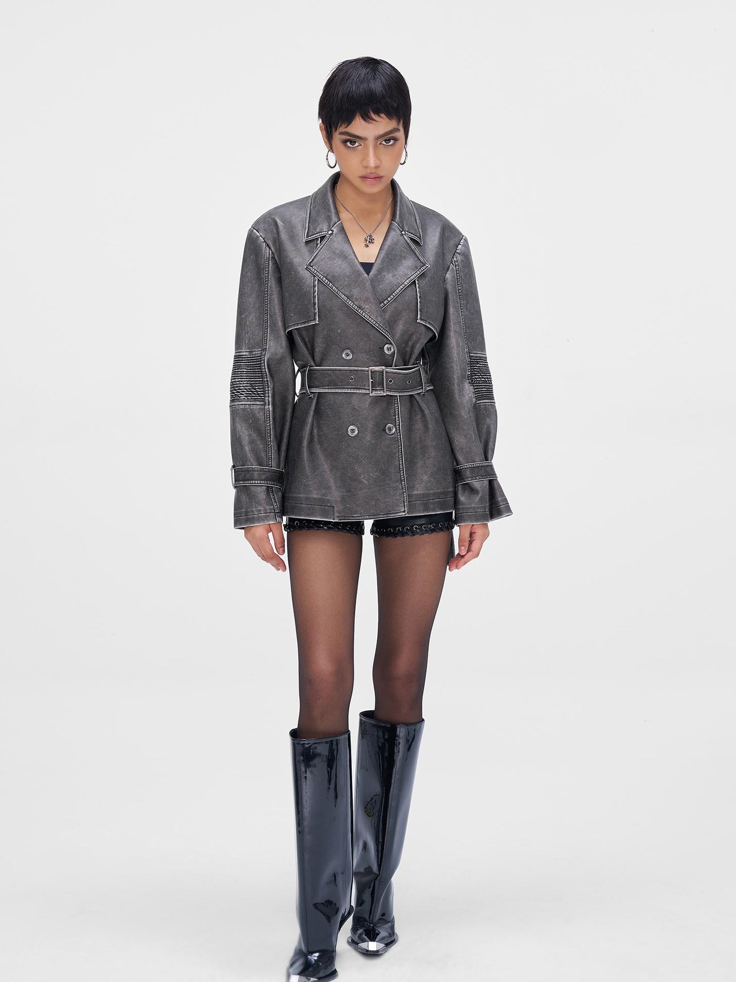 JYOSEI Vintage Washed Grey Oversized Belted Leather Trench Coat