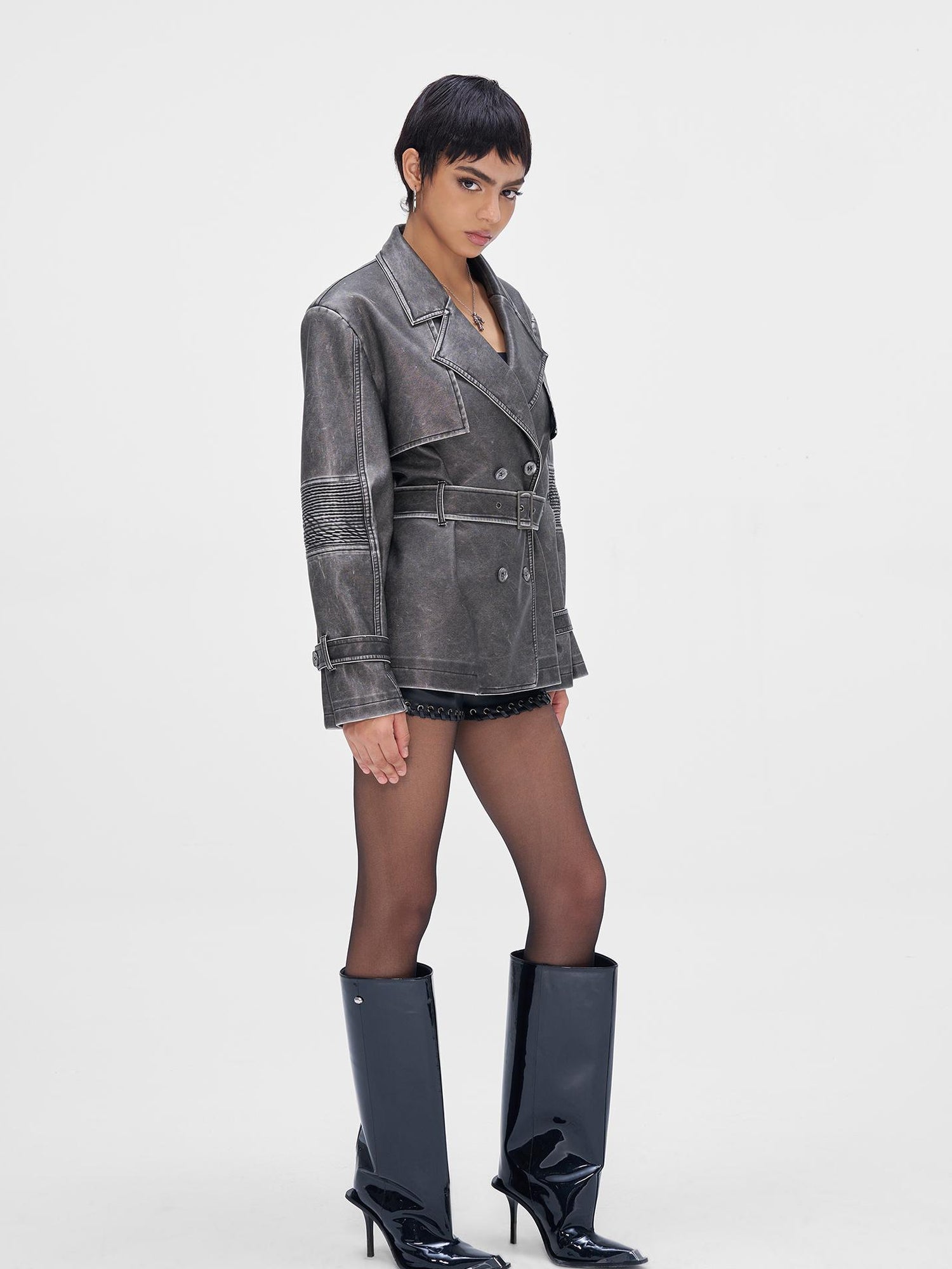 JYOSEI Vintage Washed Grey Oversized Belted Leather Trench Coat