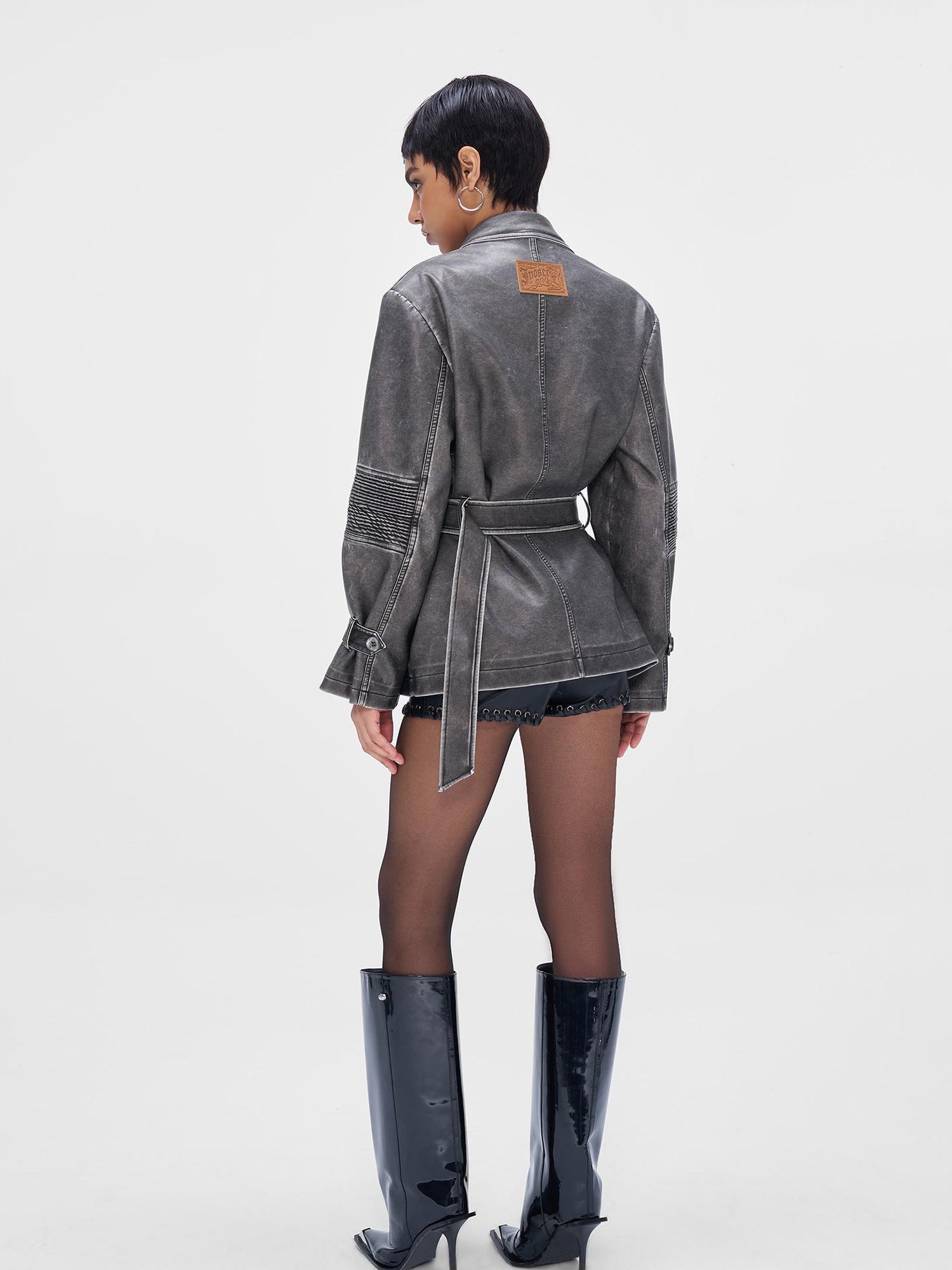JYOSEI Vintage Washed Grey Oversized Belted Leather Trench Coat