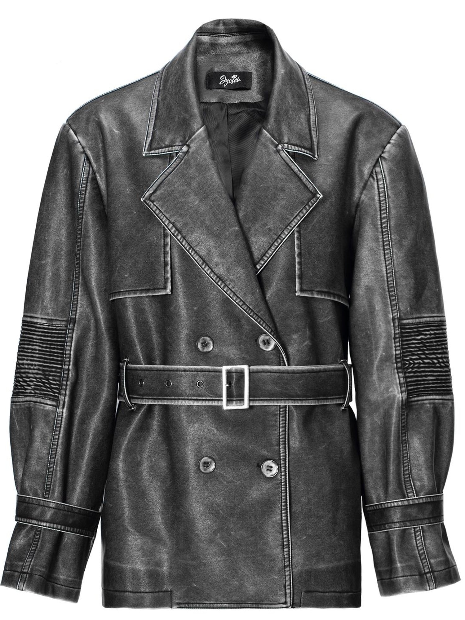 JYOSEI Vintage Washed Grey Oversized Belted Leather Trench Coat