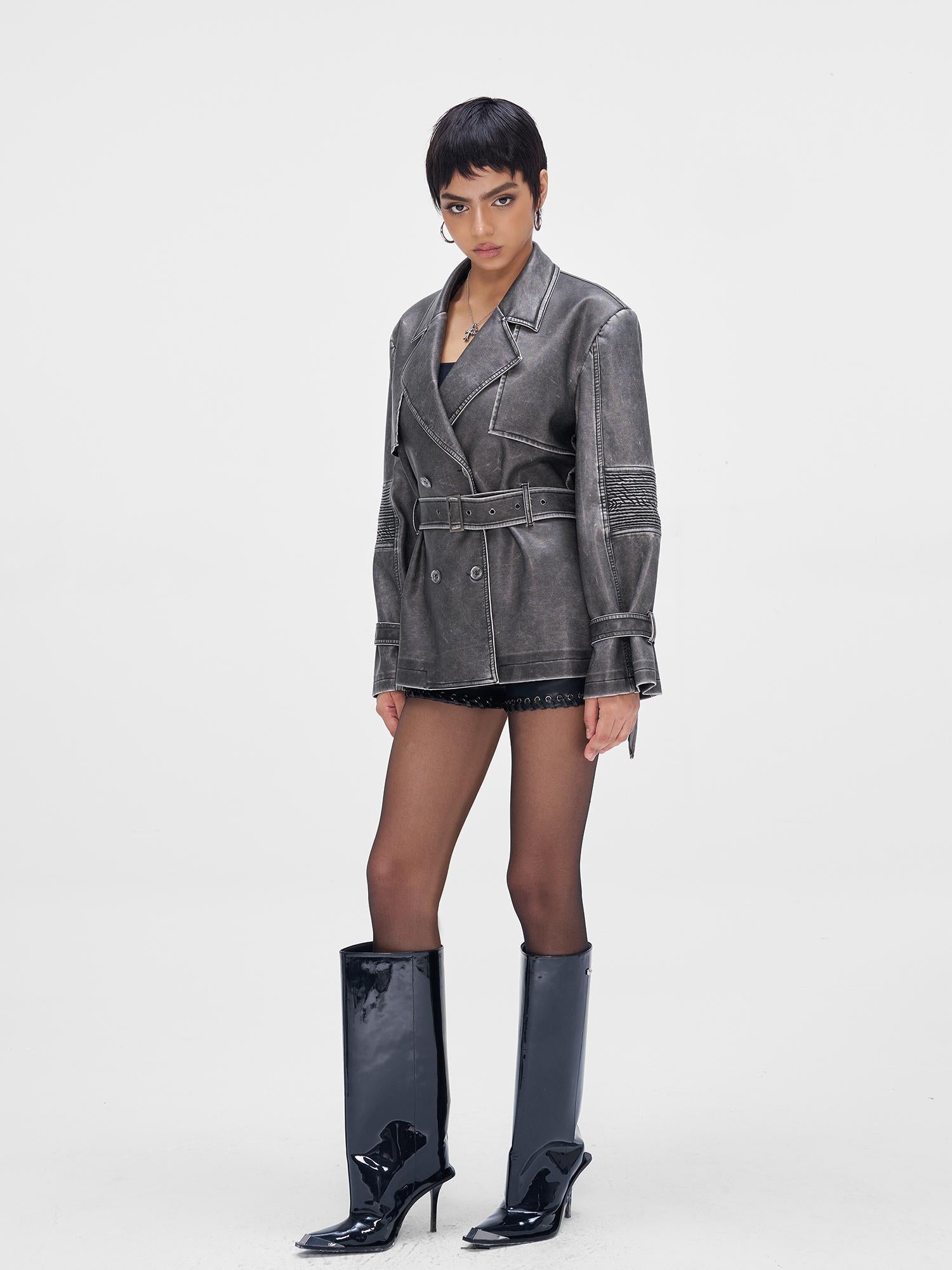 JYOSEI Vintage Washed Grey Oversized Belted Leather Trench Coat