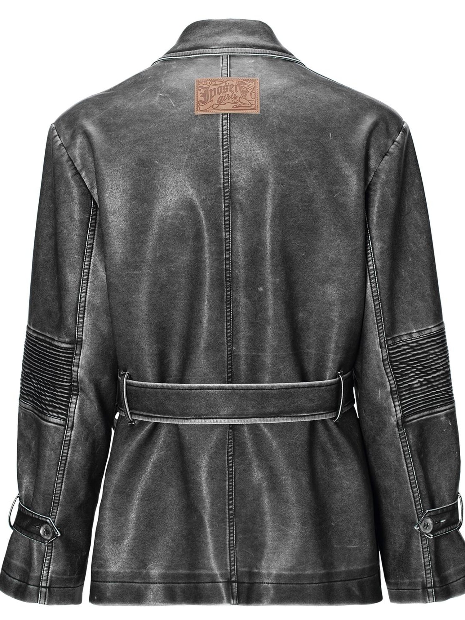 JYOSEI Vintage Washed Grey Oversized Belted Leather Trench Coat