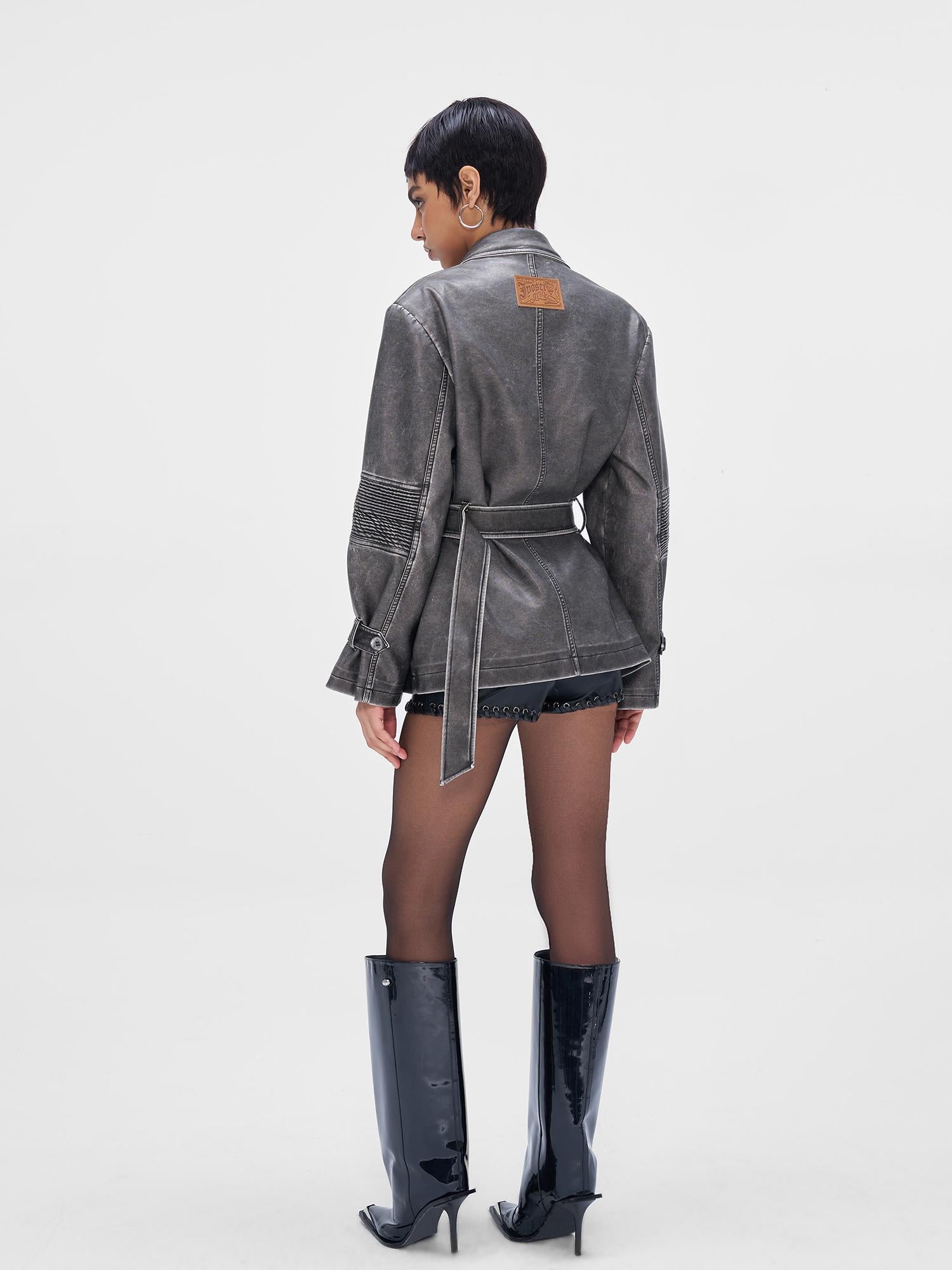 JYOSEI Vintage Washed Grey Oversized Belted Leather Trench Coat