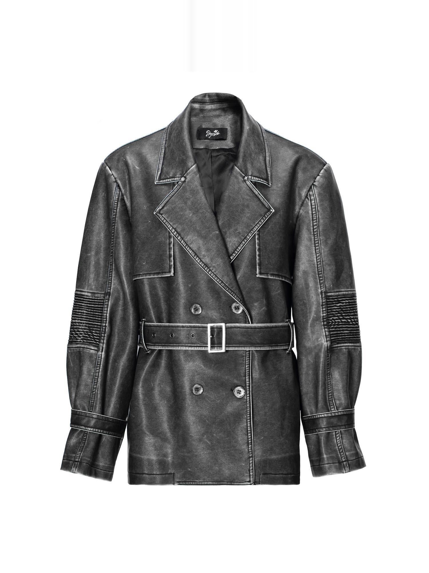 JYOSEI Vintage Washed Grey Oversized Belted Leather Trench Coat