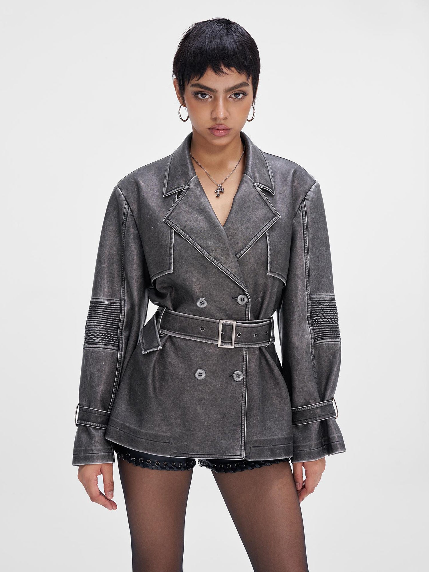 JYOSEI Vintage Washed Grey Oversized Belted Leather Trench Coat