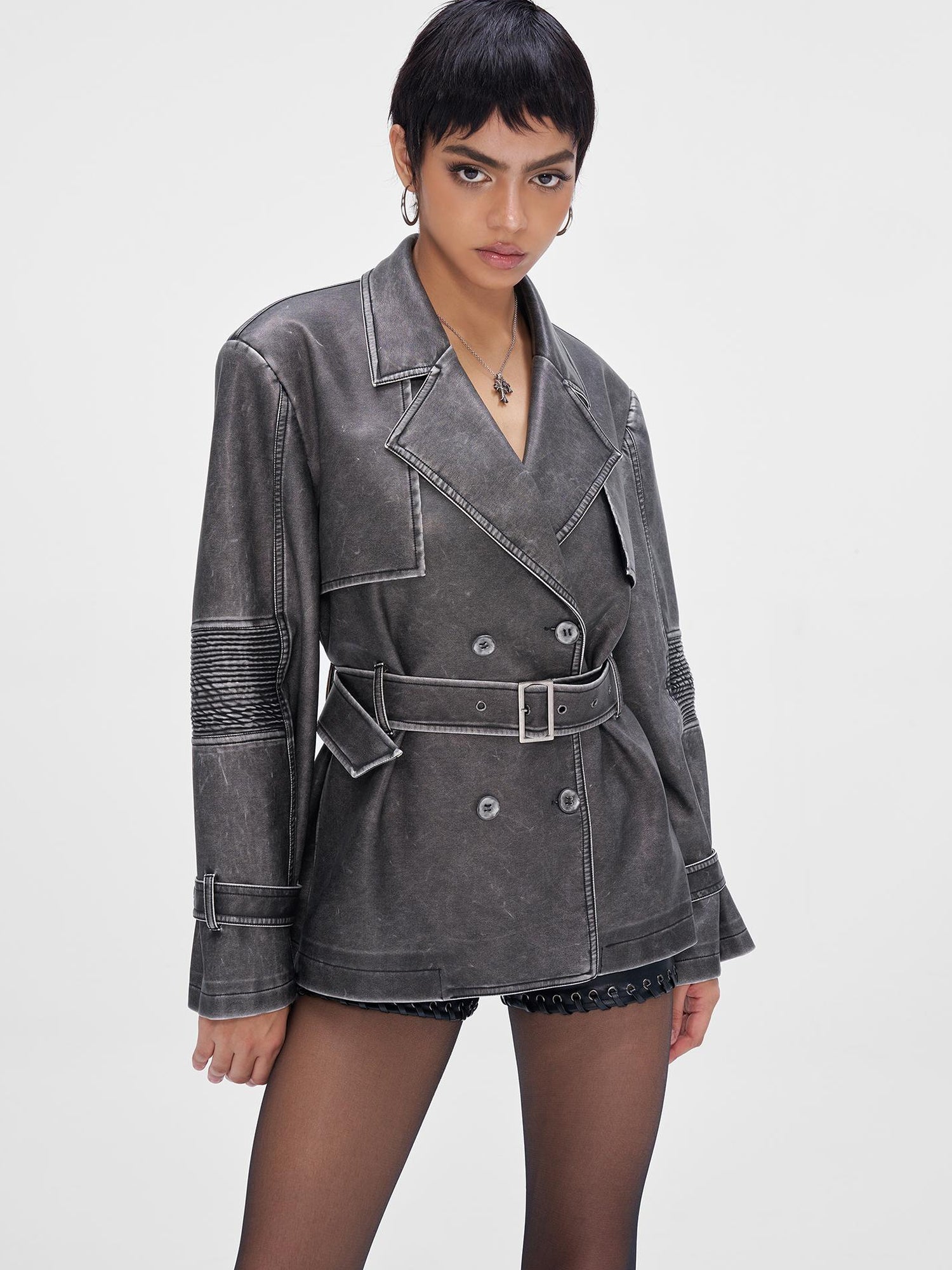 JYOSEI Vintage Washed Grey Oversized Belted Leather Trench Coat