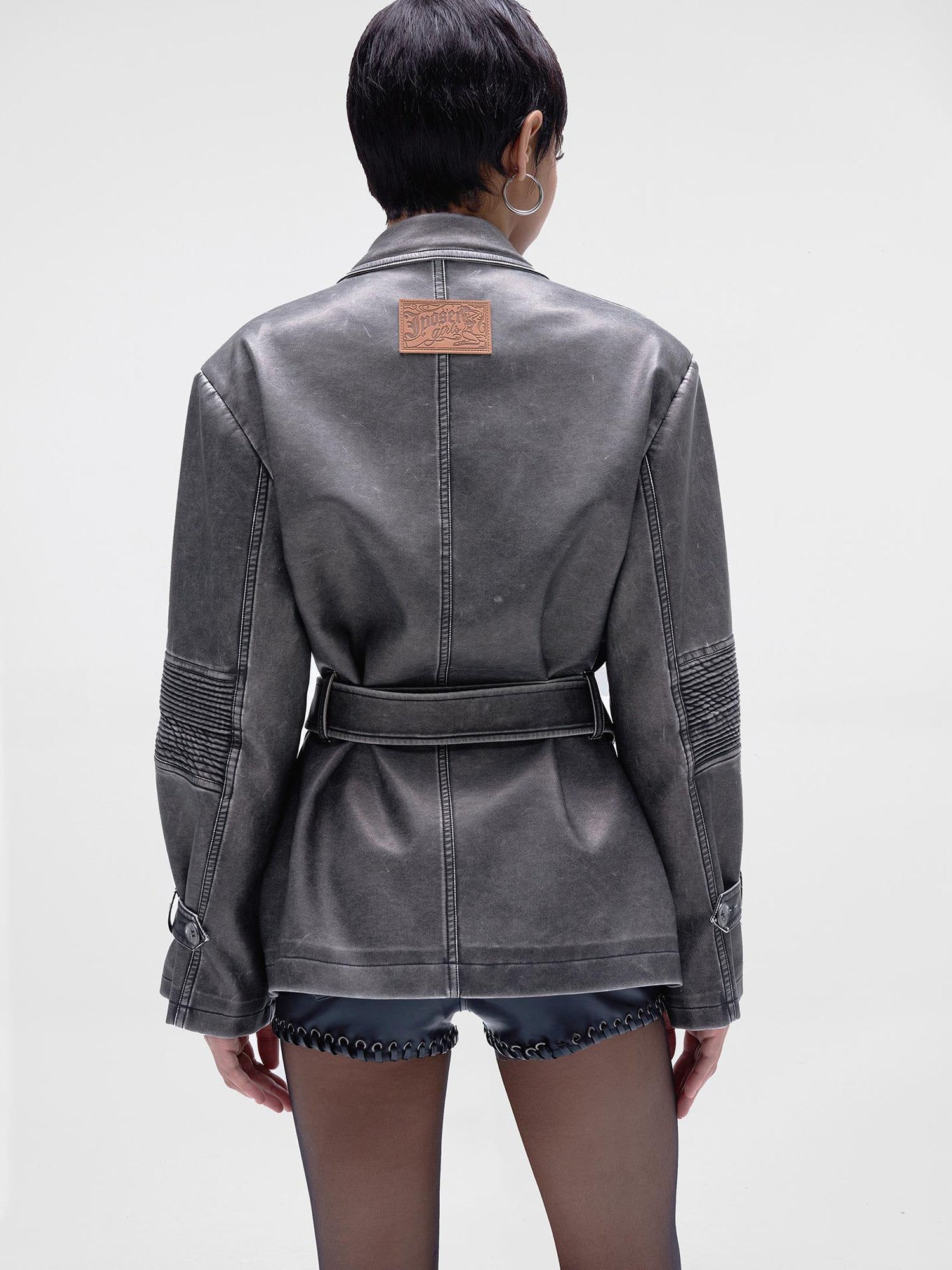 JYOSEI Vintage Washed Grey Oversized Belted Leather Trench Coat
