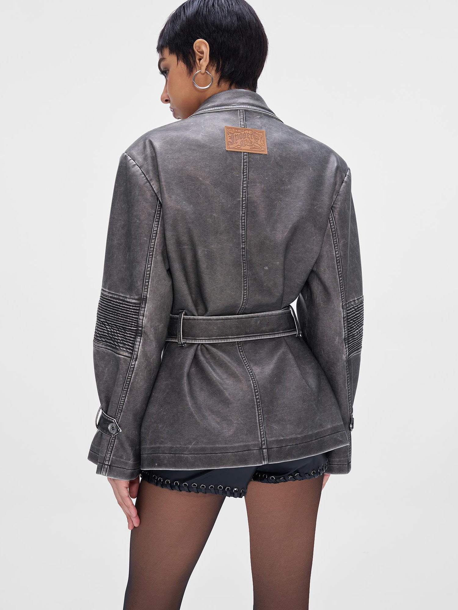 JYOSEI Vintage Washed Grey Oversized Belted Leather Trench Coat