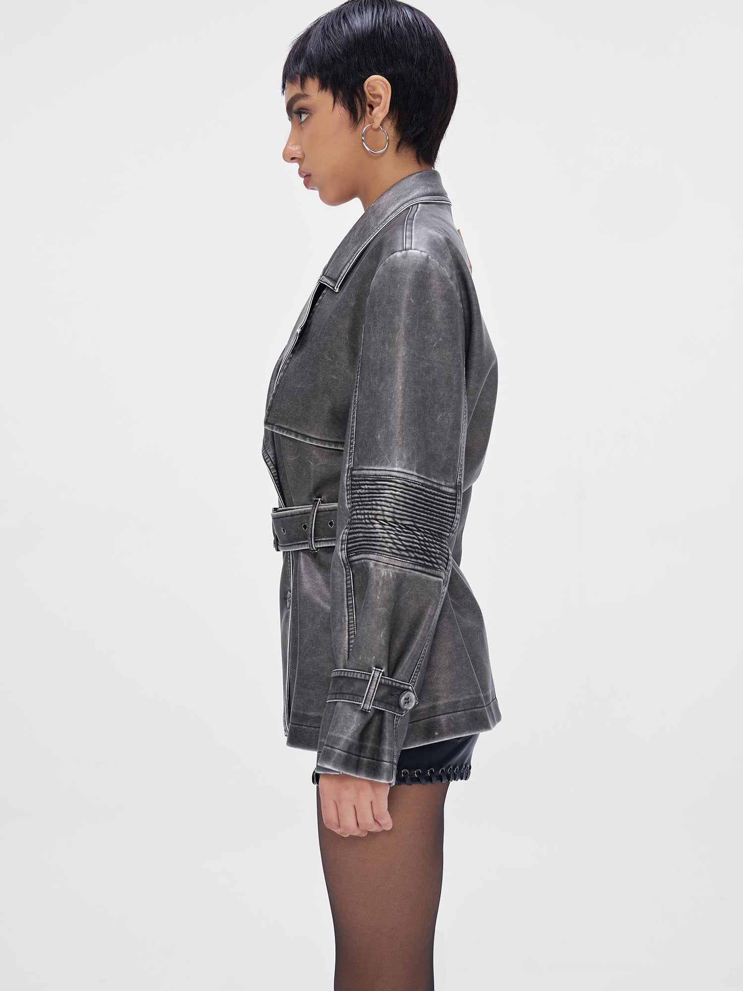JYOSEI Vintage Washed Grey Oversized Belted Leather Trench Coat