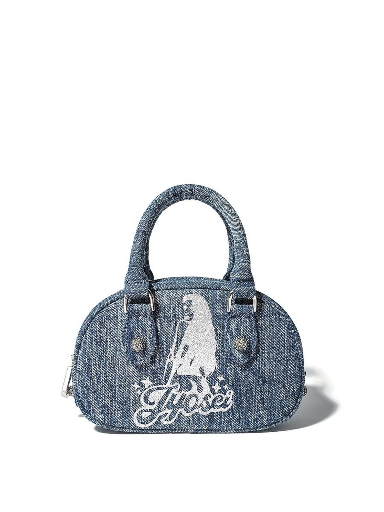 JYOSEI Vintage Y2 K Denim Bowling Bag With Glitter Chains