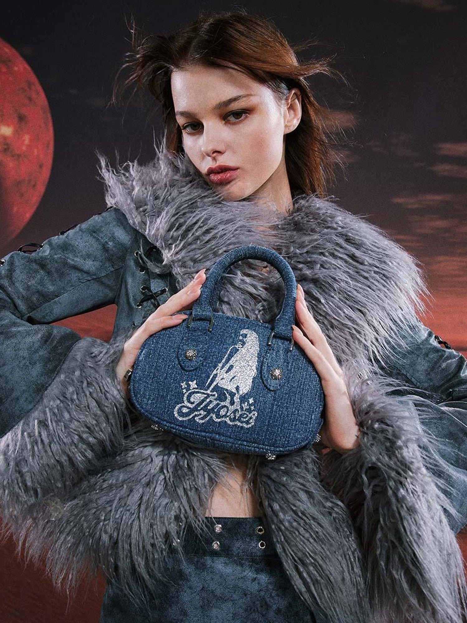 JYOSEI Vintage Y2 K Denim Bowling Bag With Glitter Chains