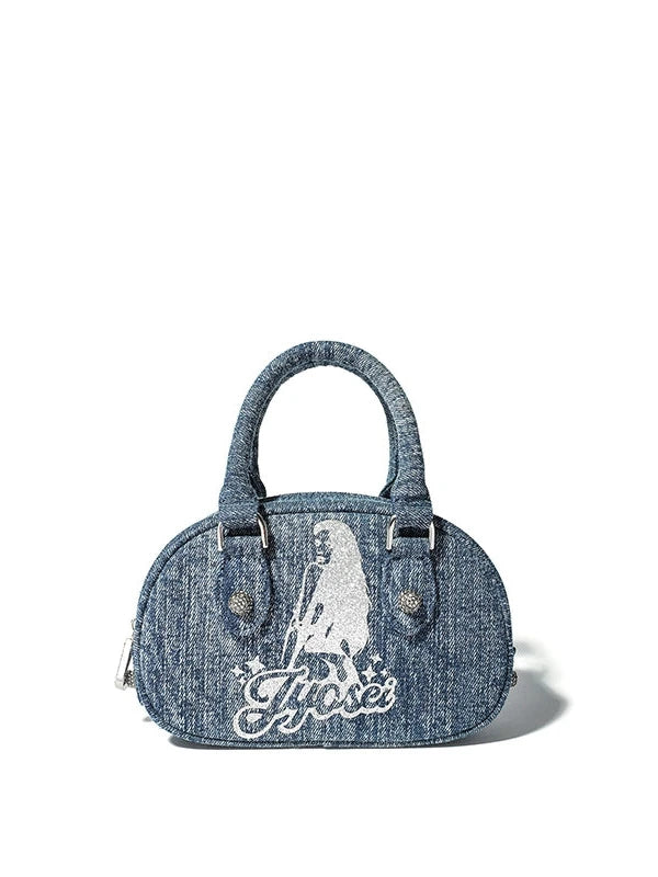 Vintage Y2 K Denim Bowling Bag With Glitter Chains