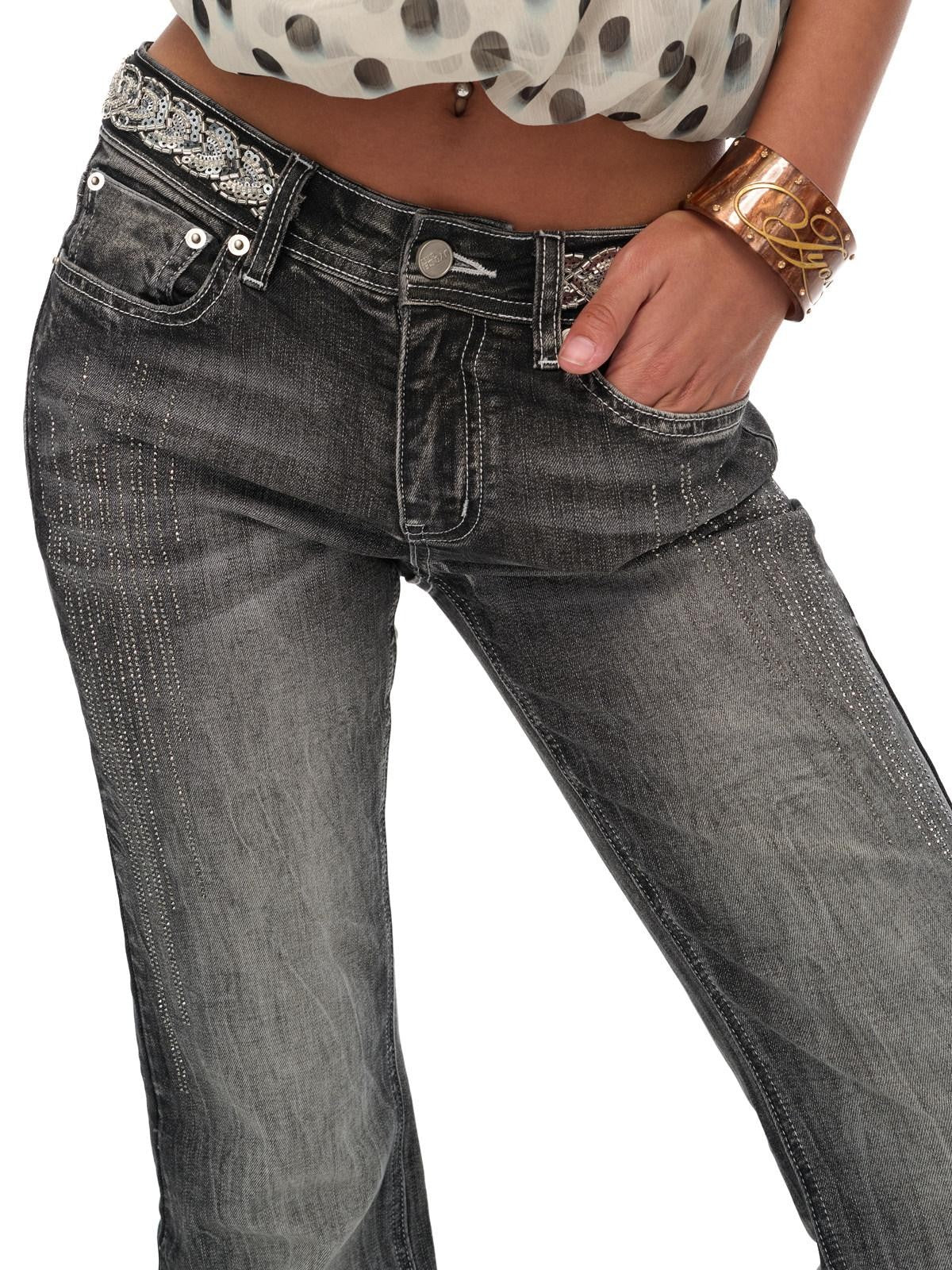JYOSEI Washed Vintage Embroidered Rhinestone Micro Flare Women&