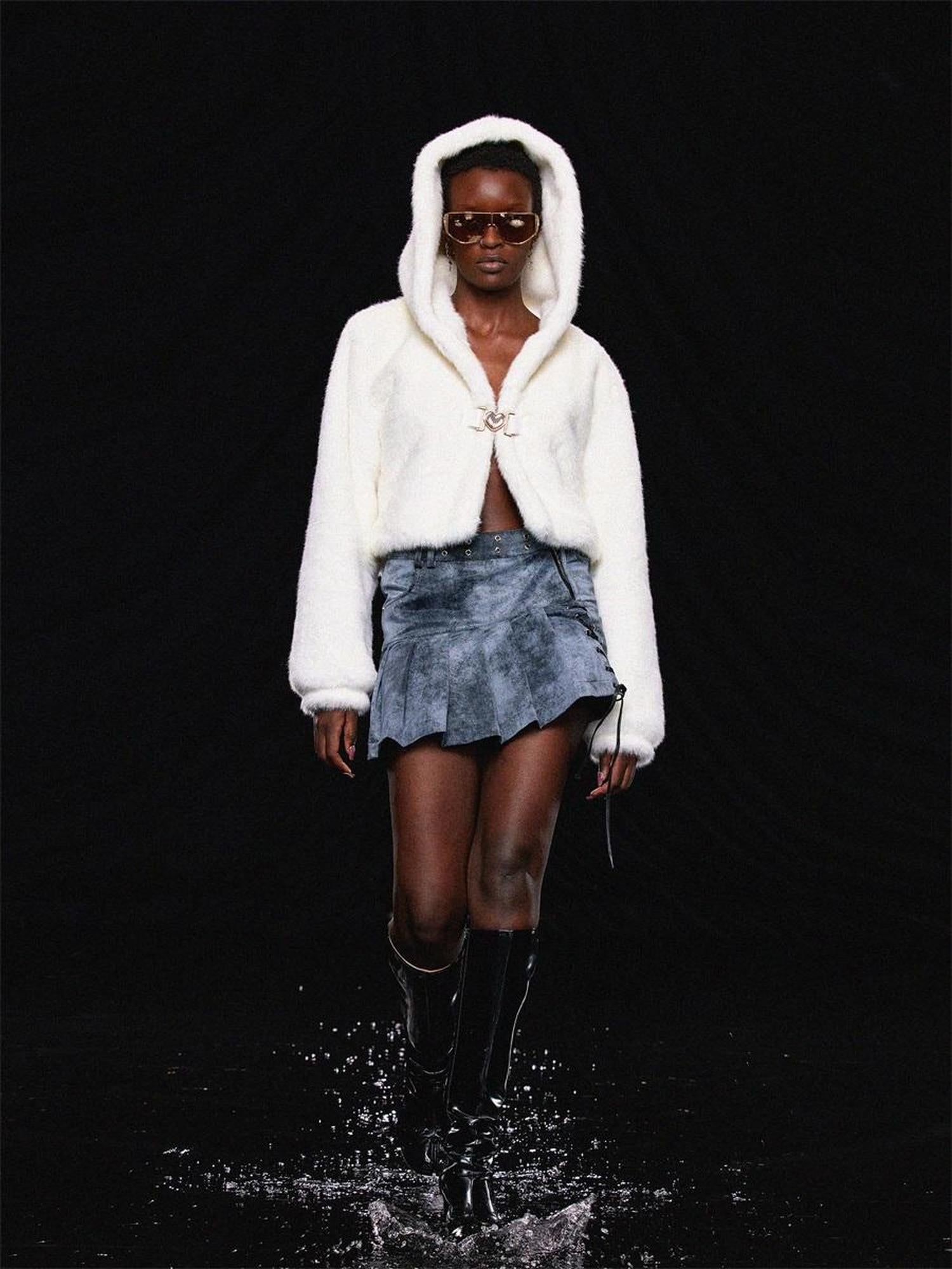 JYOSEI White Fluffy Cloud Hooded Jacket With Heart Button