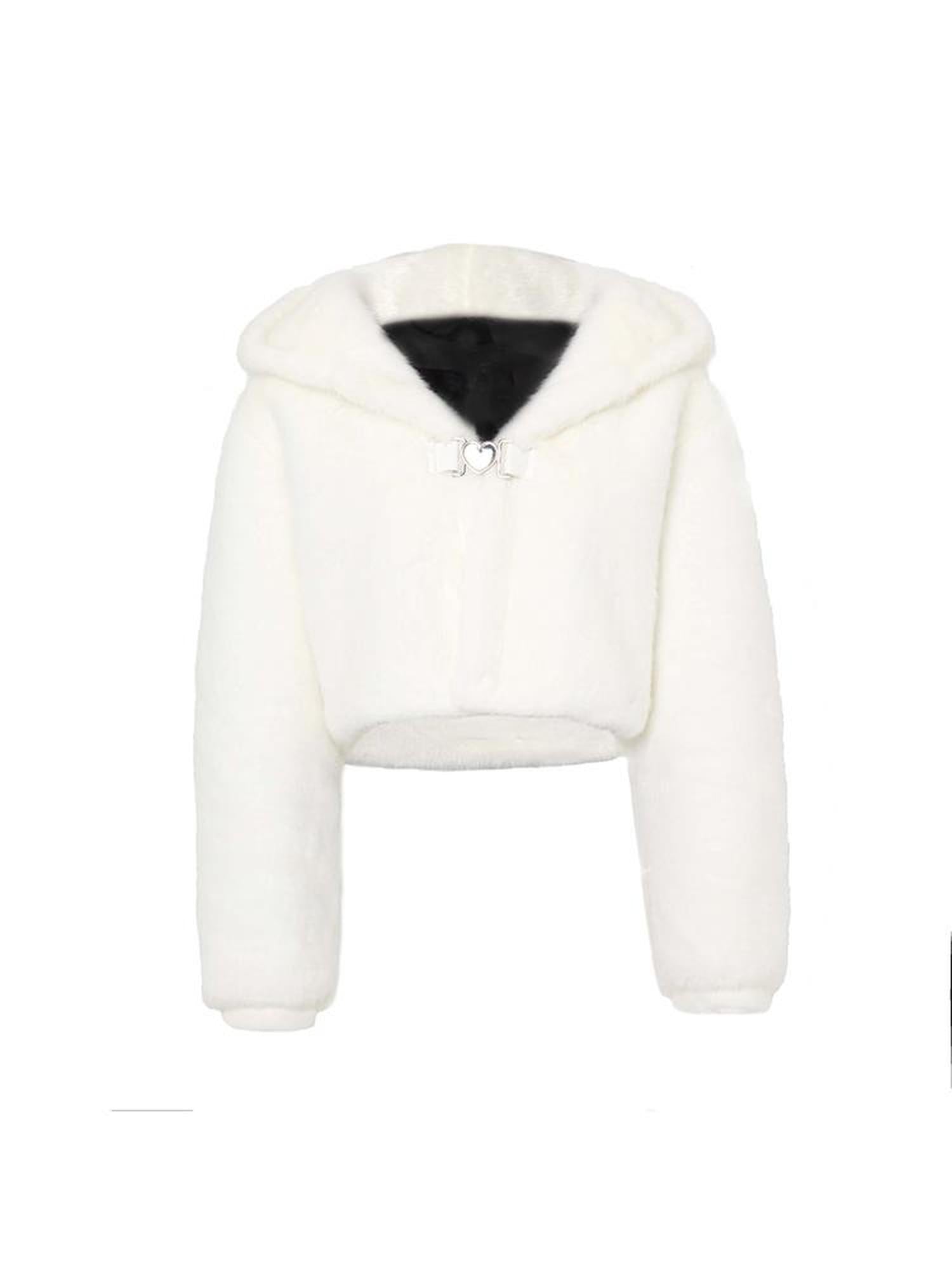 JYOSEI White Fluffy Cloud Hooded Jacket With Heart Button
