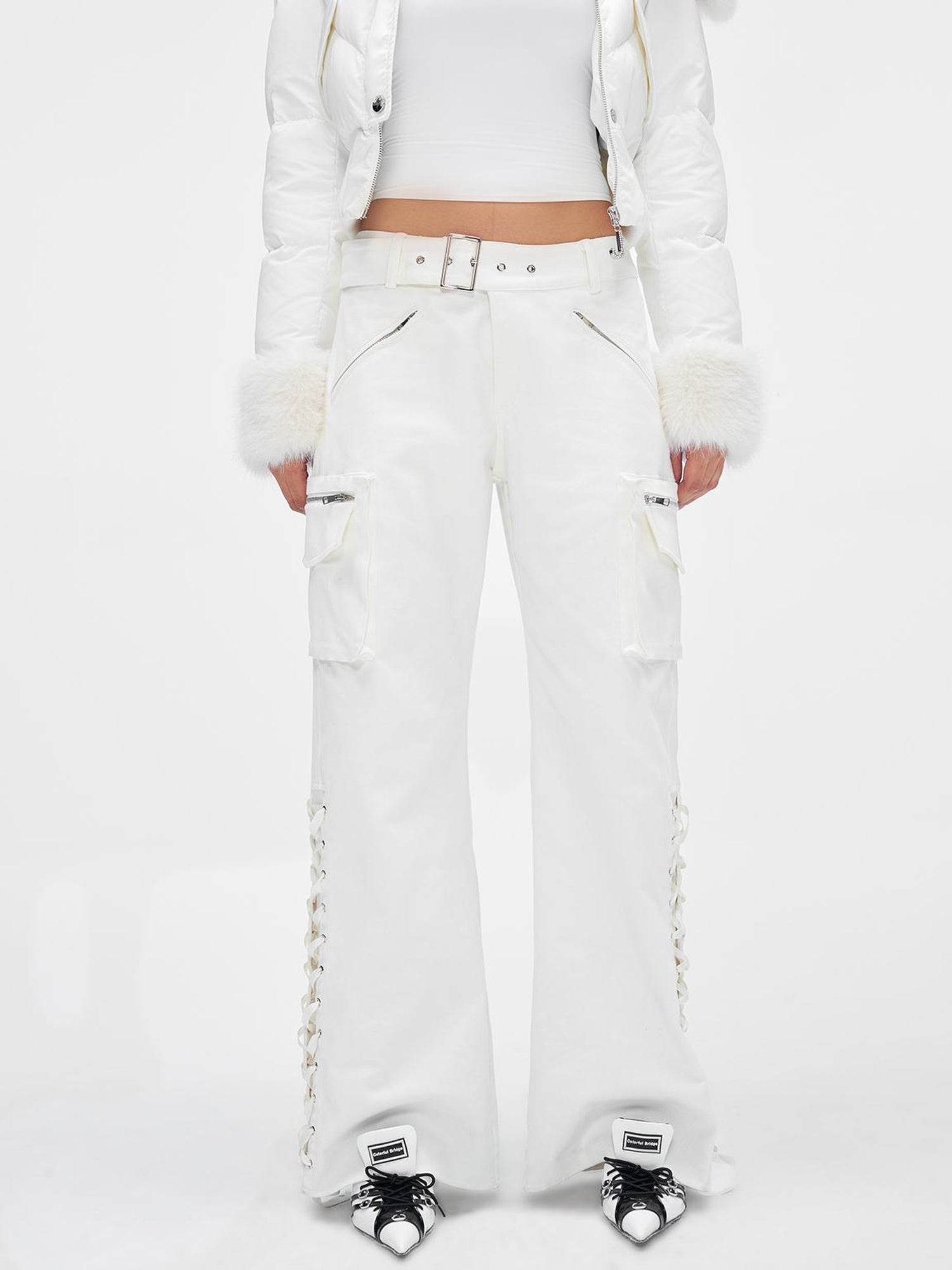 JYOSEI White Mid Low Waist Drawstring Cargo Pants Loose Wide Leg Trousers